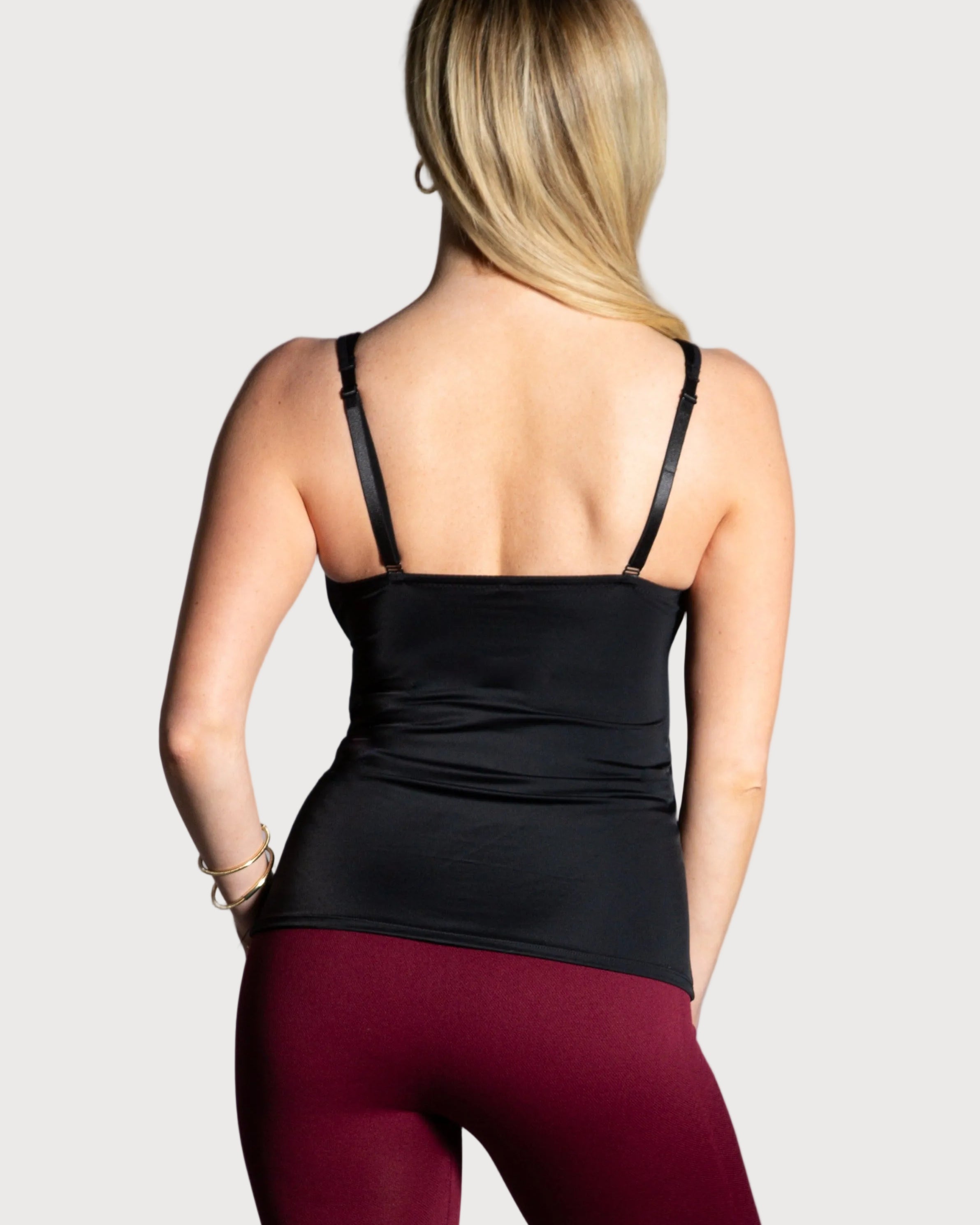 Black Flirt Molded Cup Camisole by Rhonda Shear — back view, underwire-free camisole