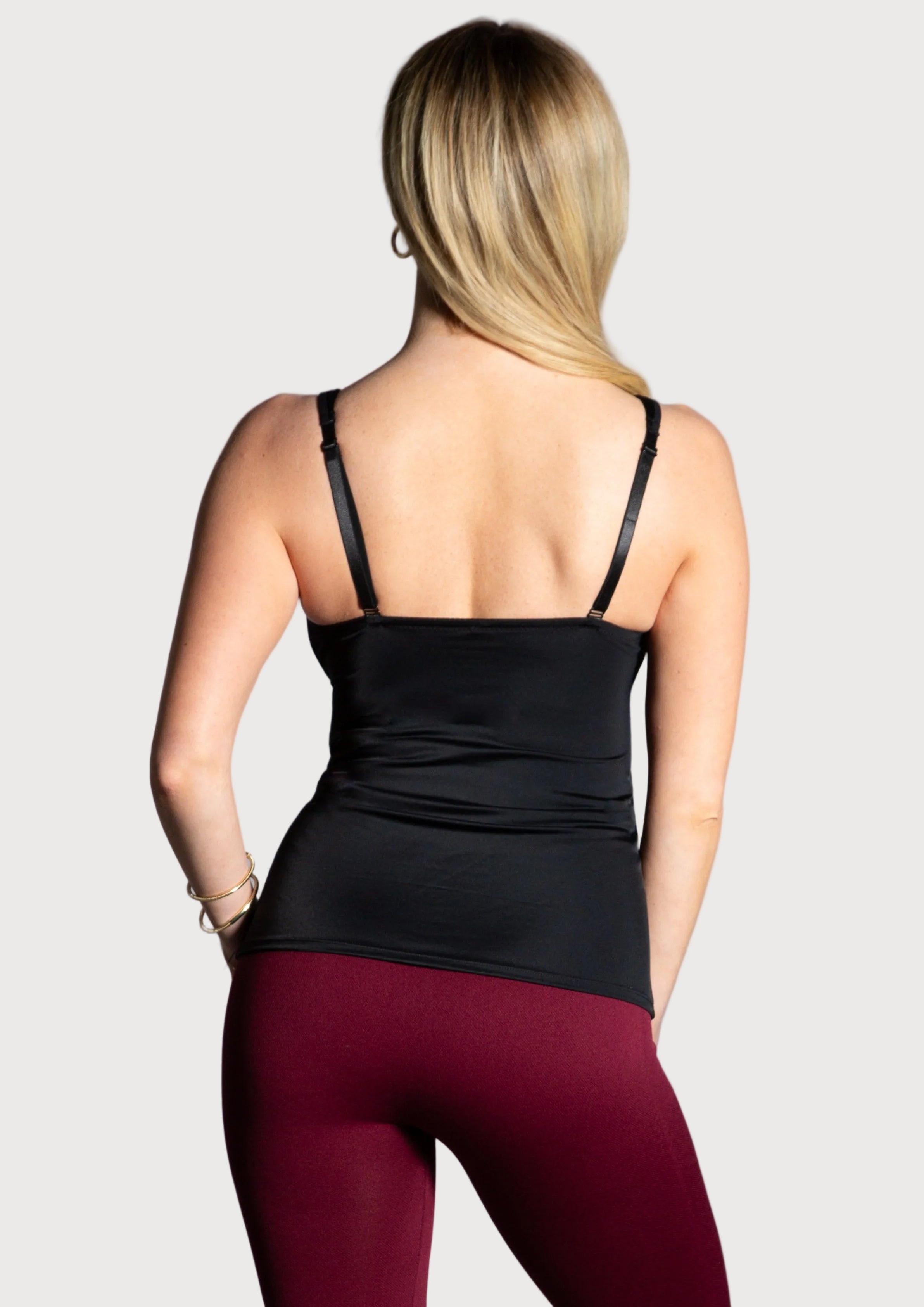 Black Flirt Molded Cup Camisole by Rhonda Shear — back view, underwire-free camisole