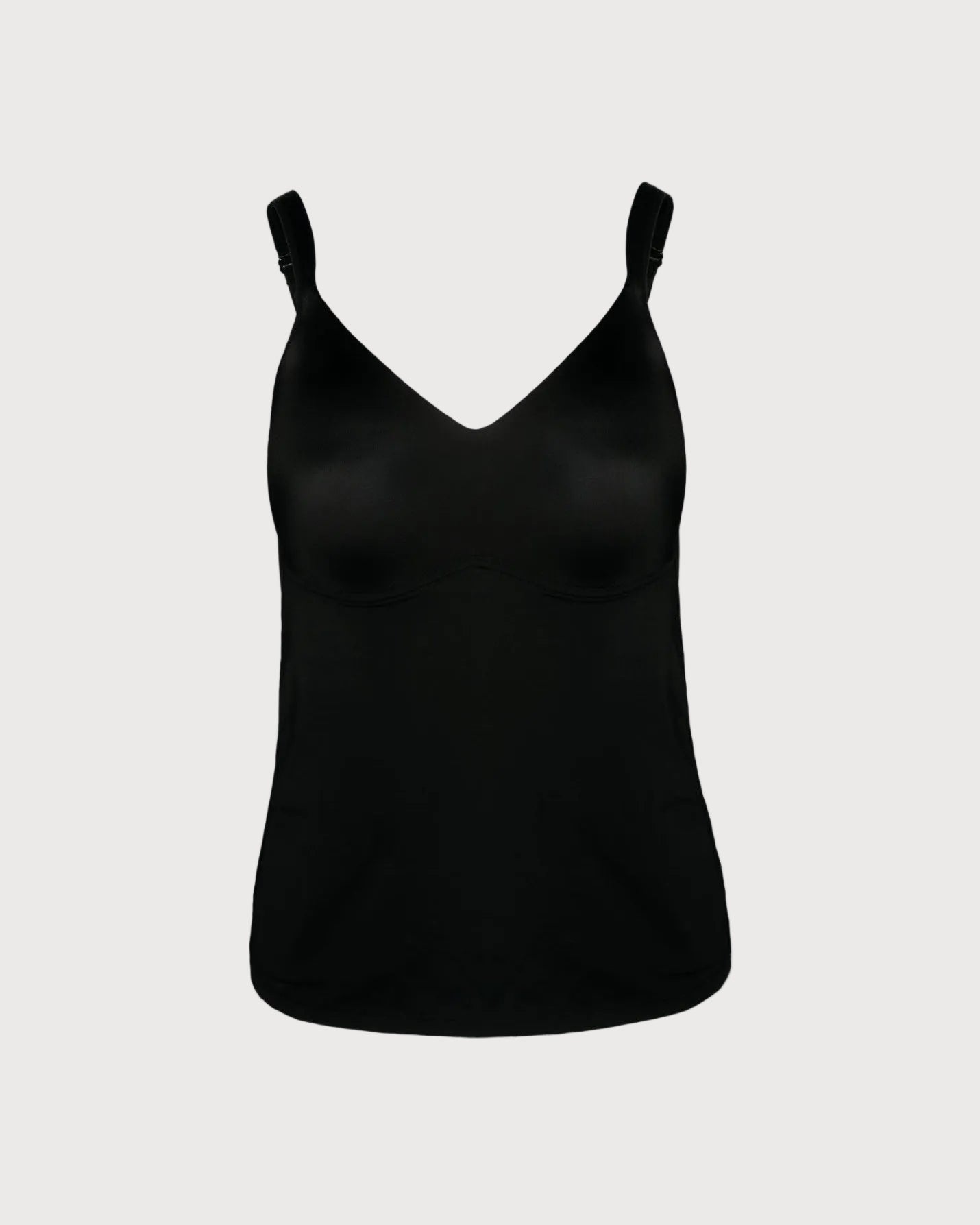Black Flirt Molded Cup Camisole by Rhonda Shear — flat lay, underwire-free camisole