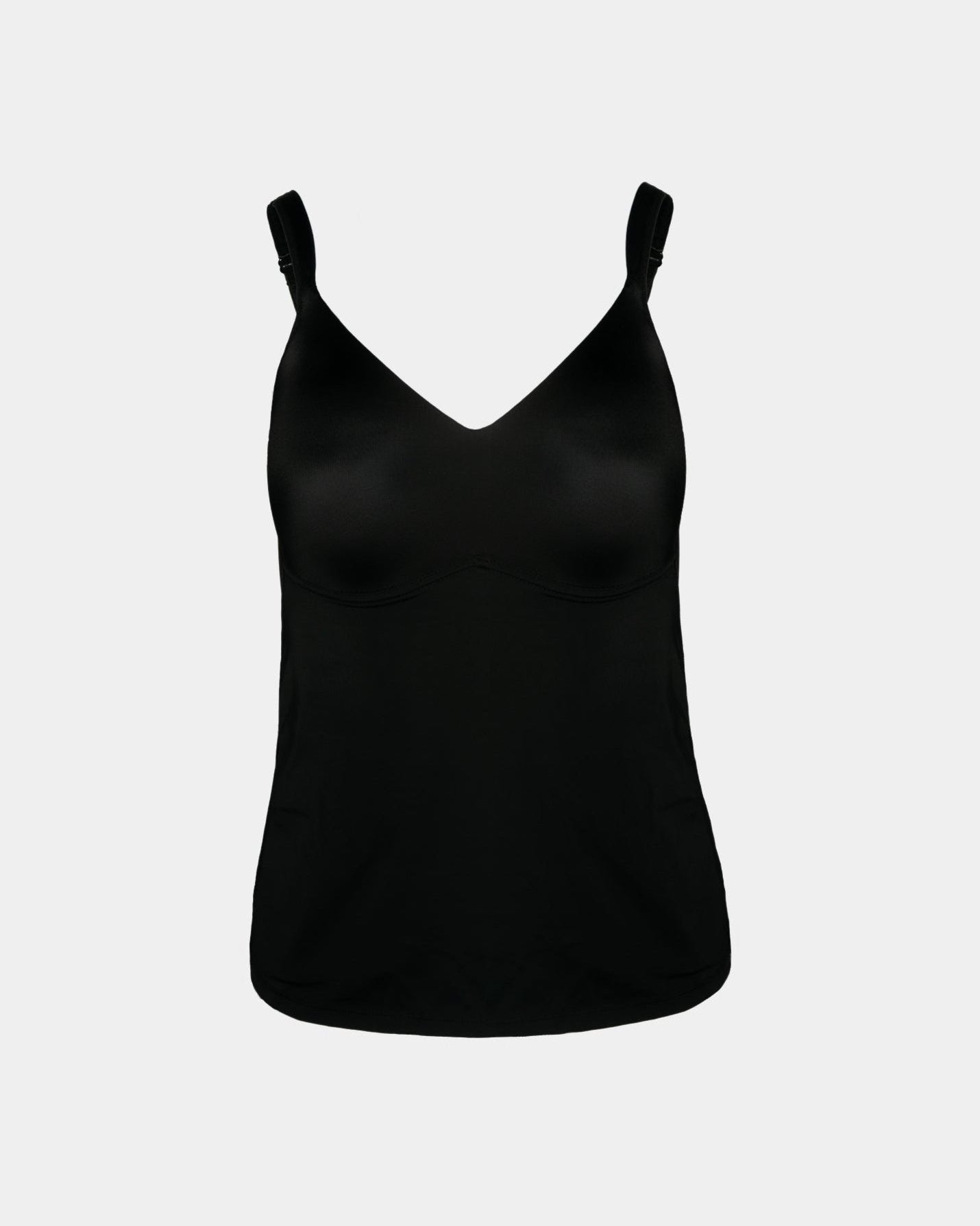 Black Flirt Molded Cup Camisole by Rhonda Shear — flat lay, underwire-free camisole