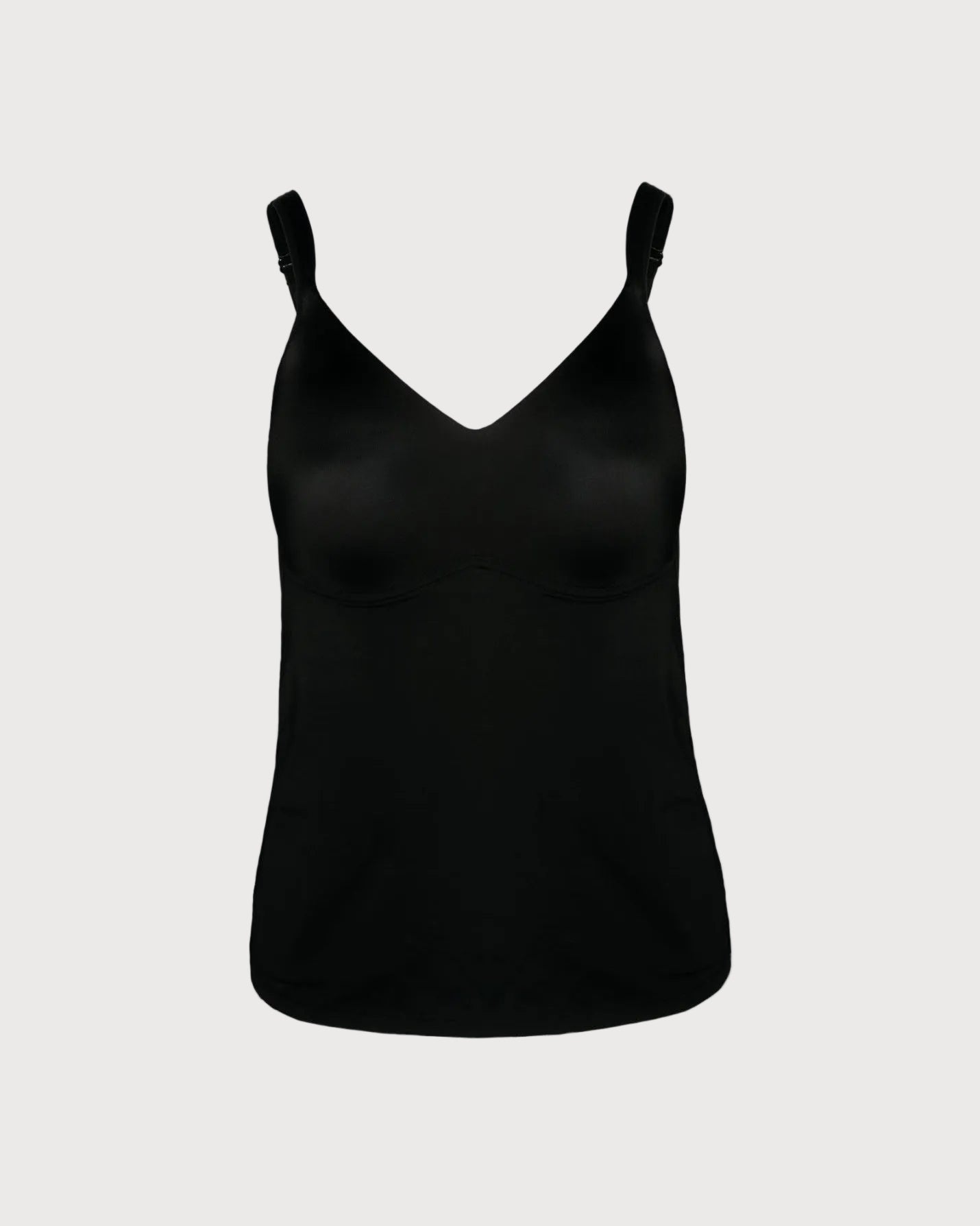 Black Flirt Molded Cup Camisole by Rhonda Shear — flat lay, underwire-free camisole