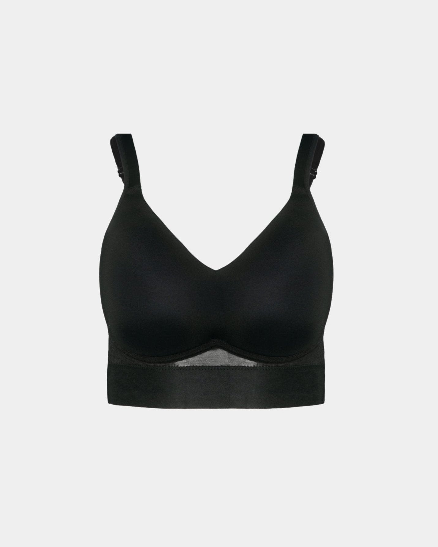 Black Molded Cup Bra with Mesh Back Detail by Rhonda Shear — flat lay, wire-free molded cup bra
