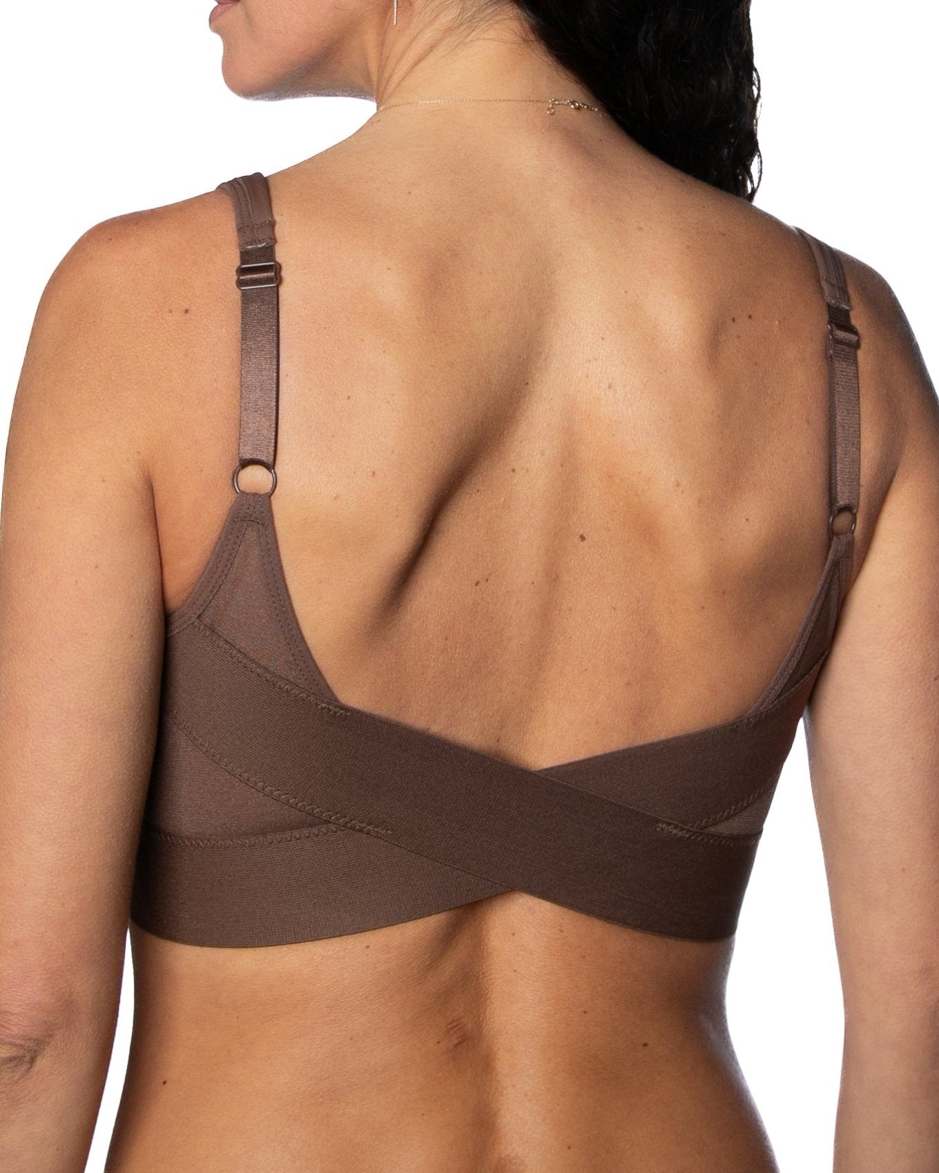 Espresso Molded Cup Bra with Mesh Back Detail by Rhonda Shear — back view, wire-free molded cup bra