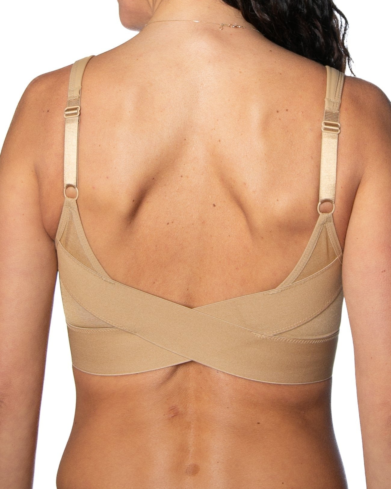 Suntan Molded Cup Bra with Mesh Back Detail by Rhonda Shear — back view, wire-free molded cup bra