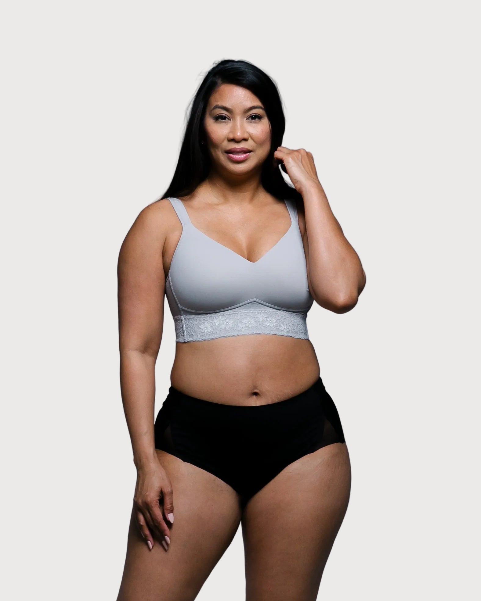 Grey Molded Cup Bra With Lace Trim by Rhonda Shear — wire-free molded cup bra