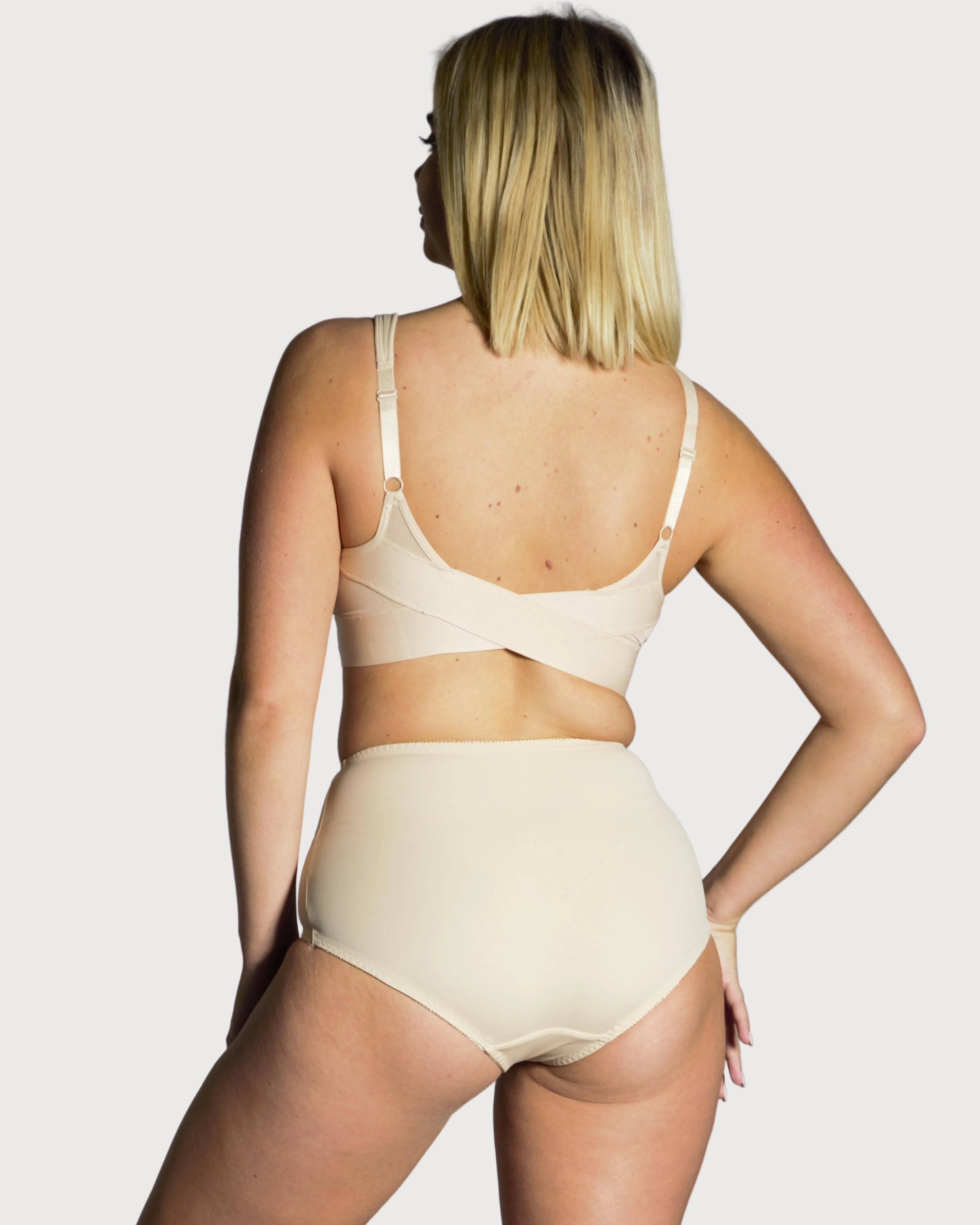 Beige Molded Cup Bra with Mesh Back Detail by Rhonda Shear — back view, wire-free molded cup bra