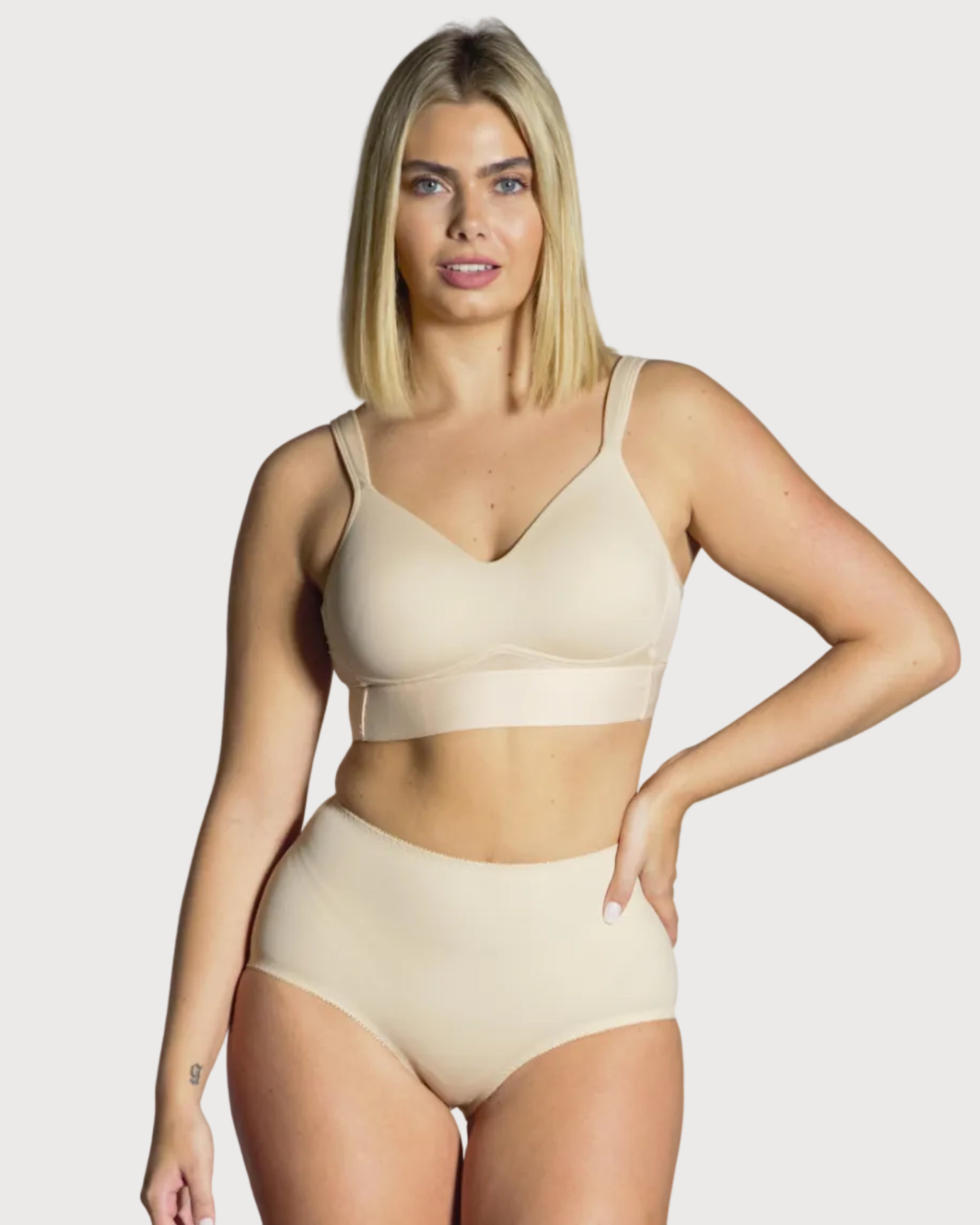 Beige Molded Cup Bra with Mesh Back Detail by Rhonda Shear — front view, wire-free molded cup bra