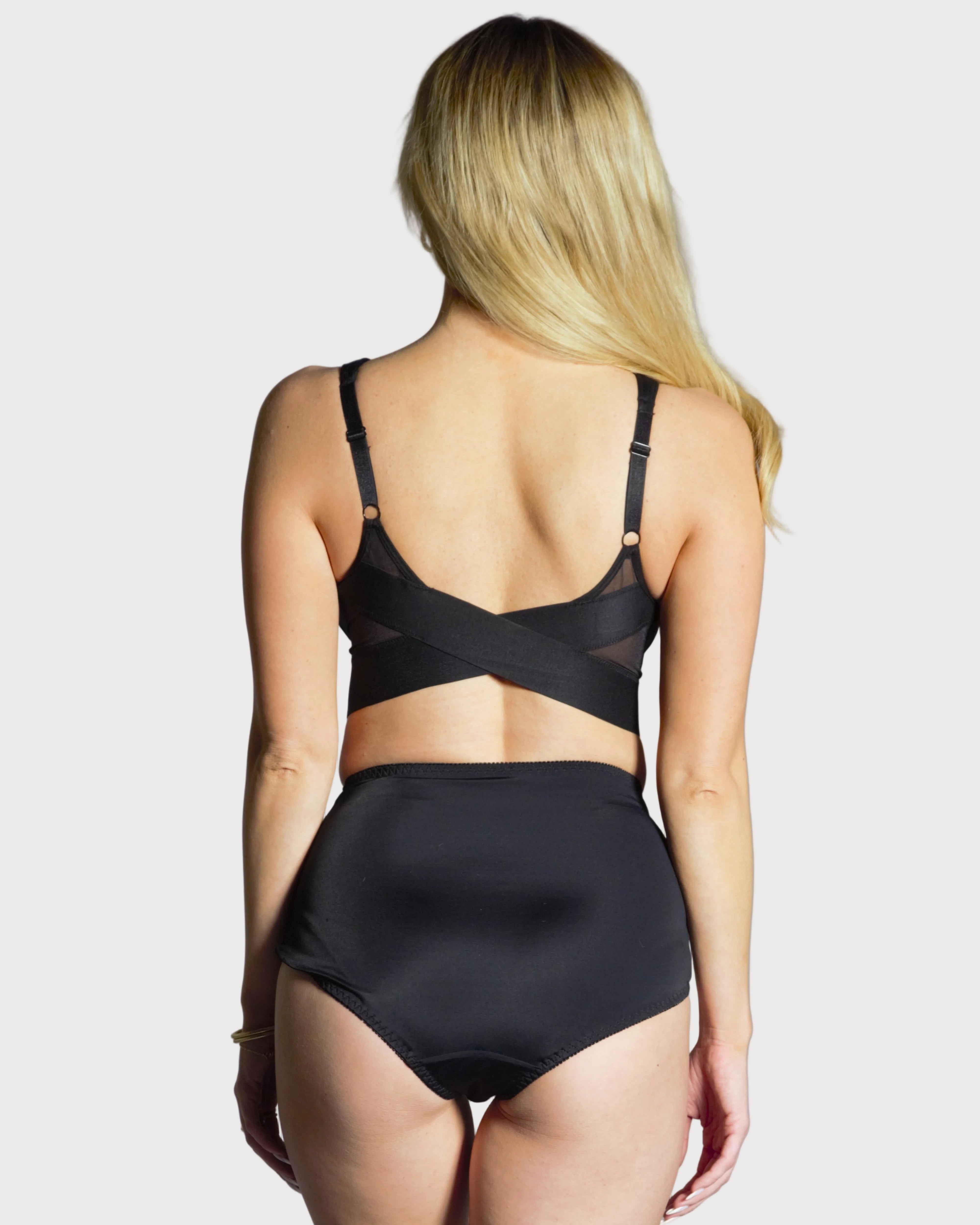 Black Molded Cup Bra with Mesh Back Detail by Rhonda Shear — back view, wire-free molded cup bra