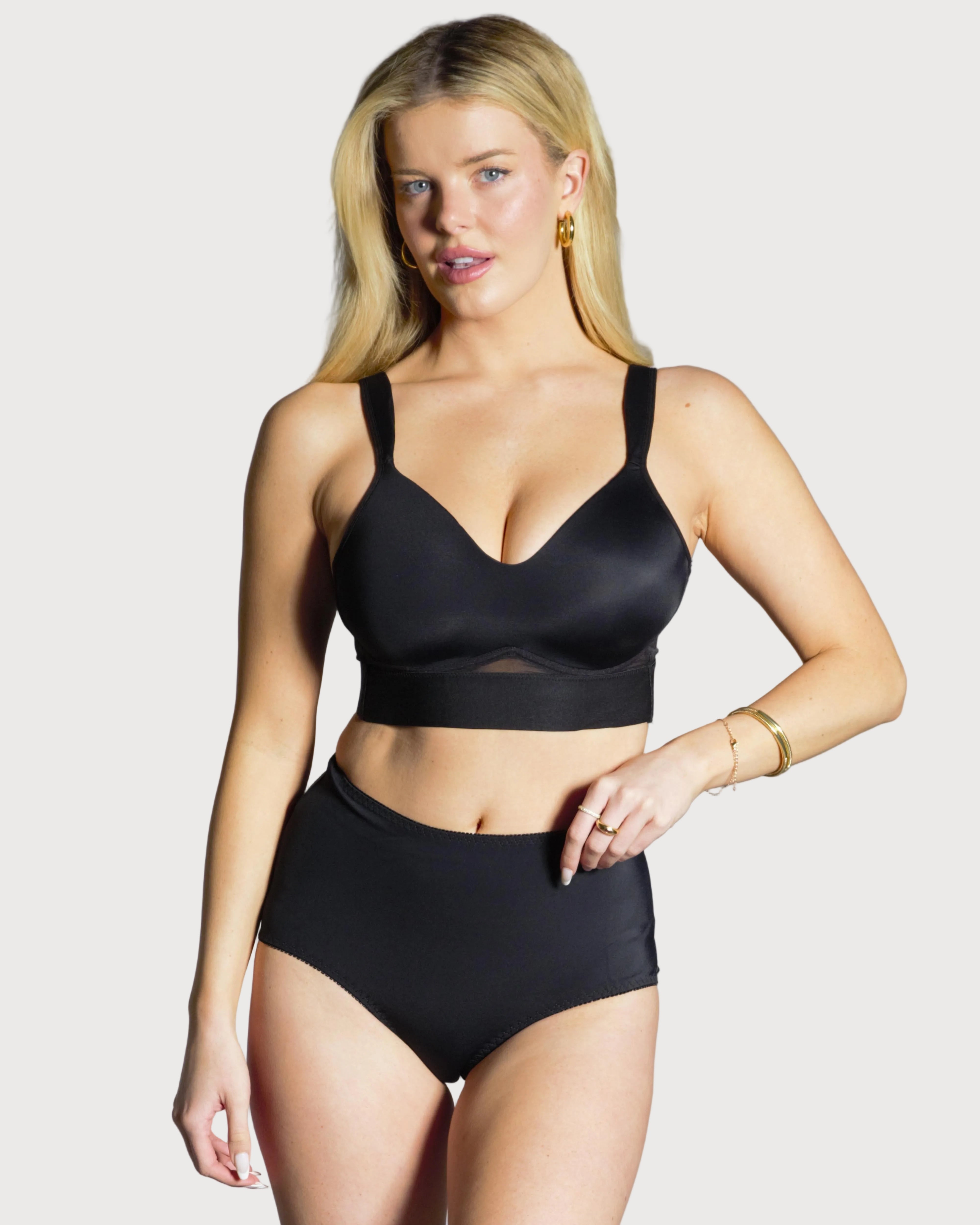 Black Molded Cup Bra with Mesh Back Detail by Rhonda Shear — front view, wire-free molded cup bra