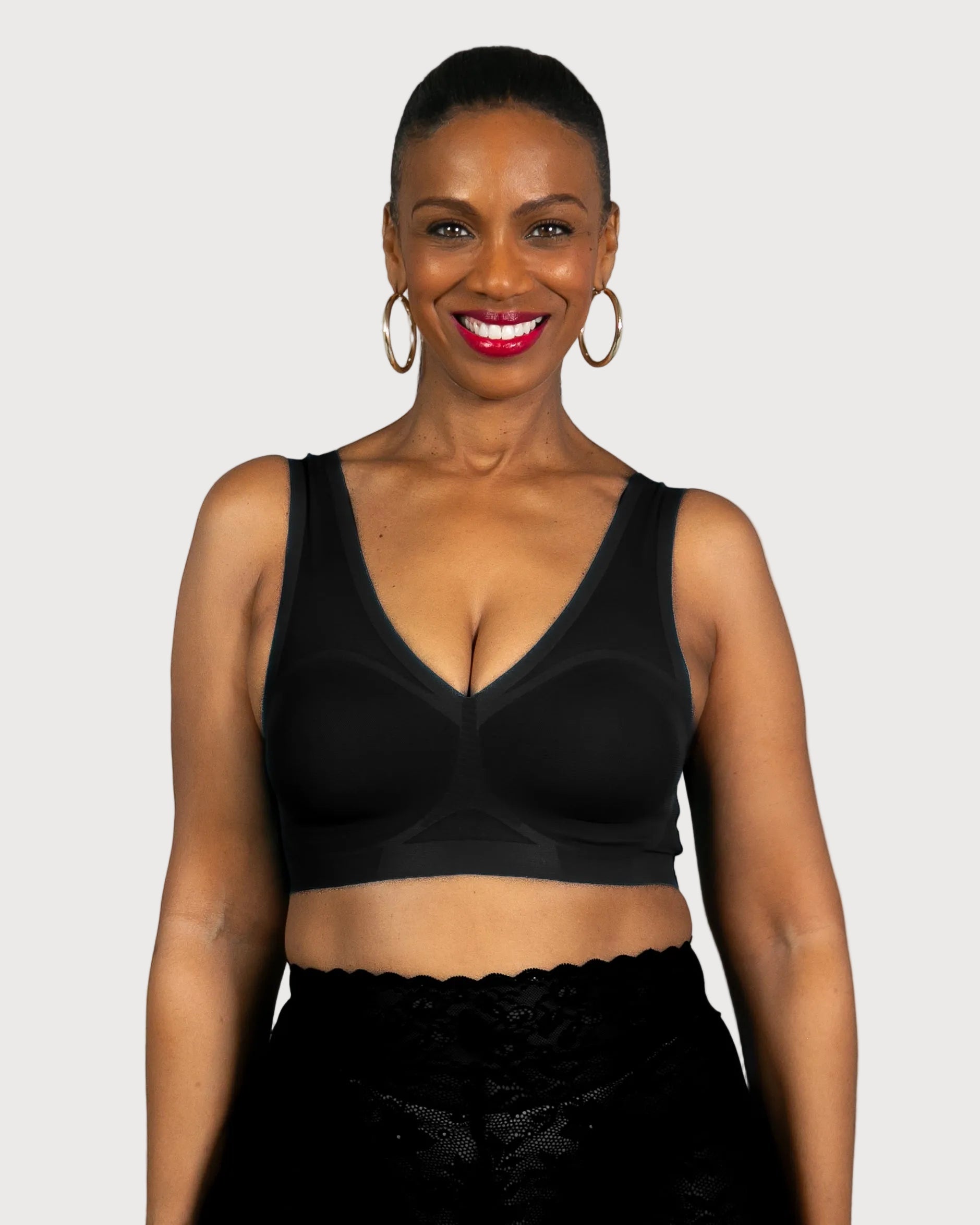 Black Invisible Edge Double Bonded Mesh Bra by Rhonda Shear — front view, full-coverage bra