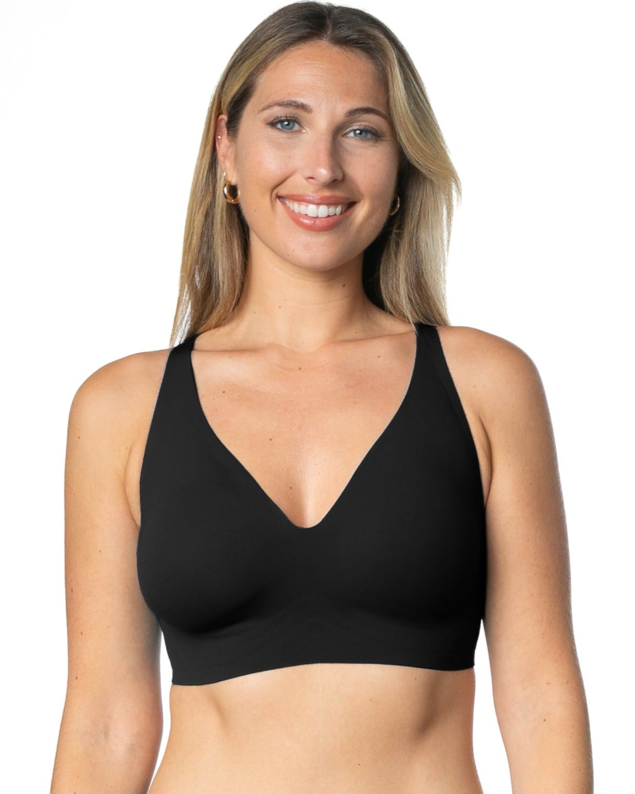 Black Gel Bra with Back Closure by Rhonda Shear — front view, gel support bra