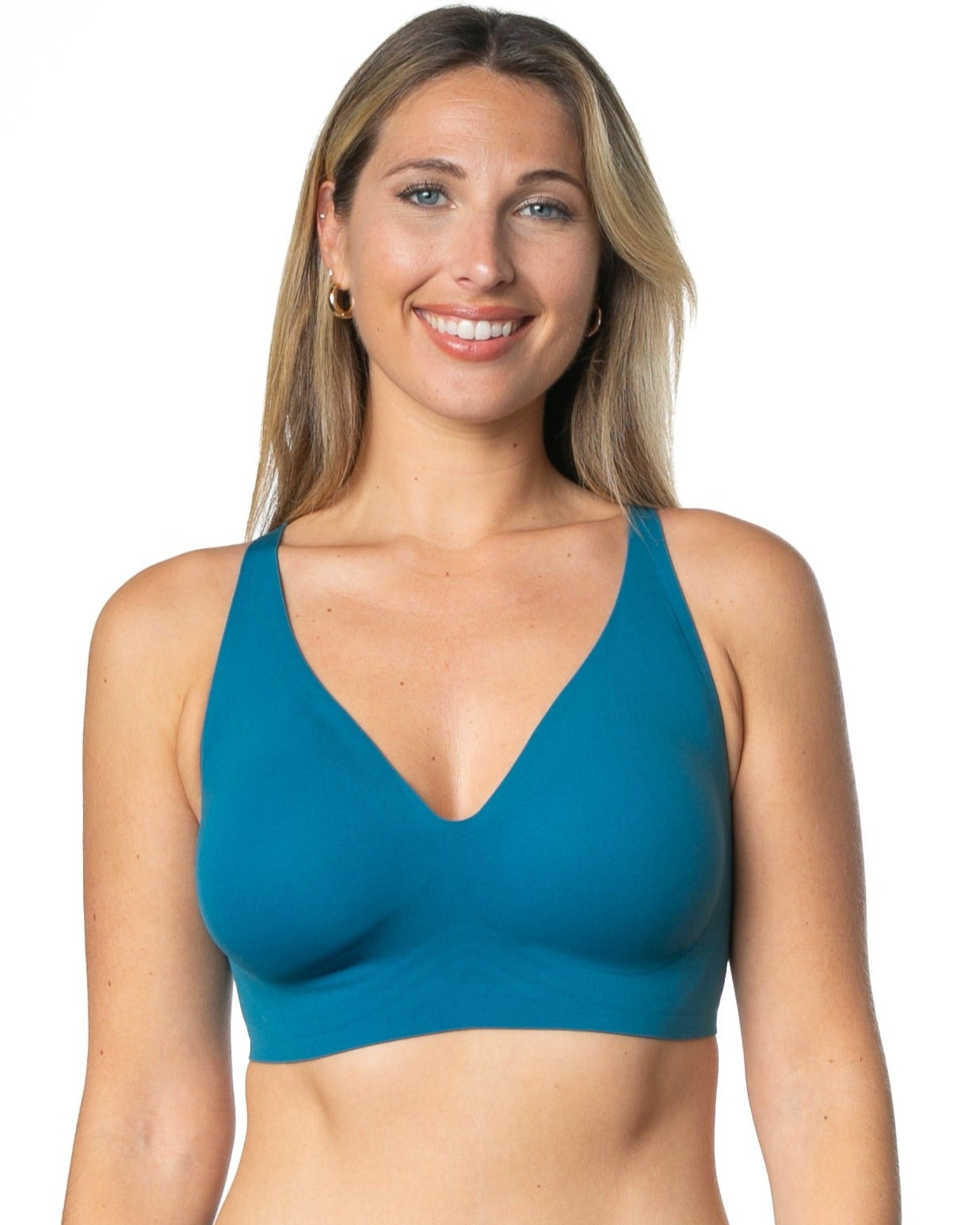 Teal Gel Bra with Back Closure by Rhonda Shear — front view, gel support bra