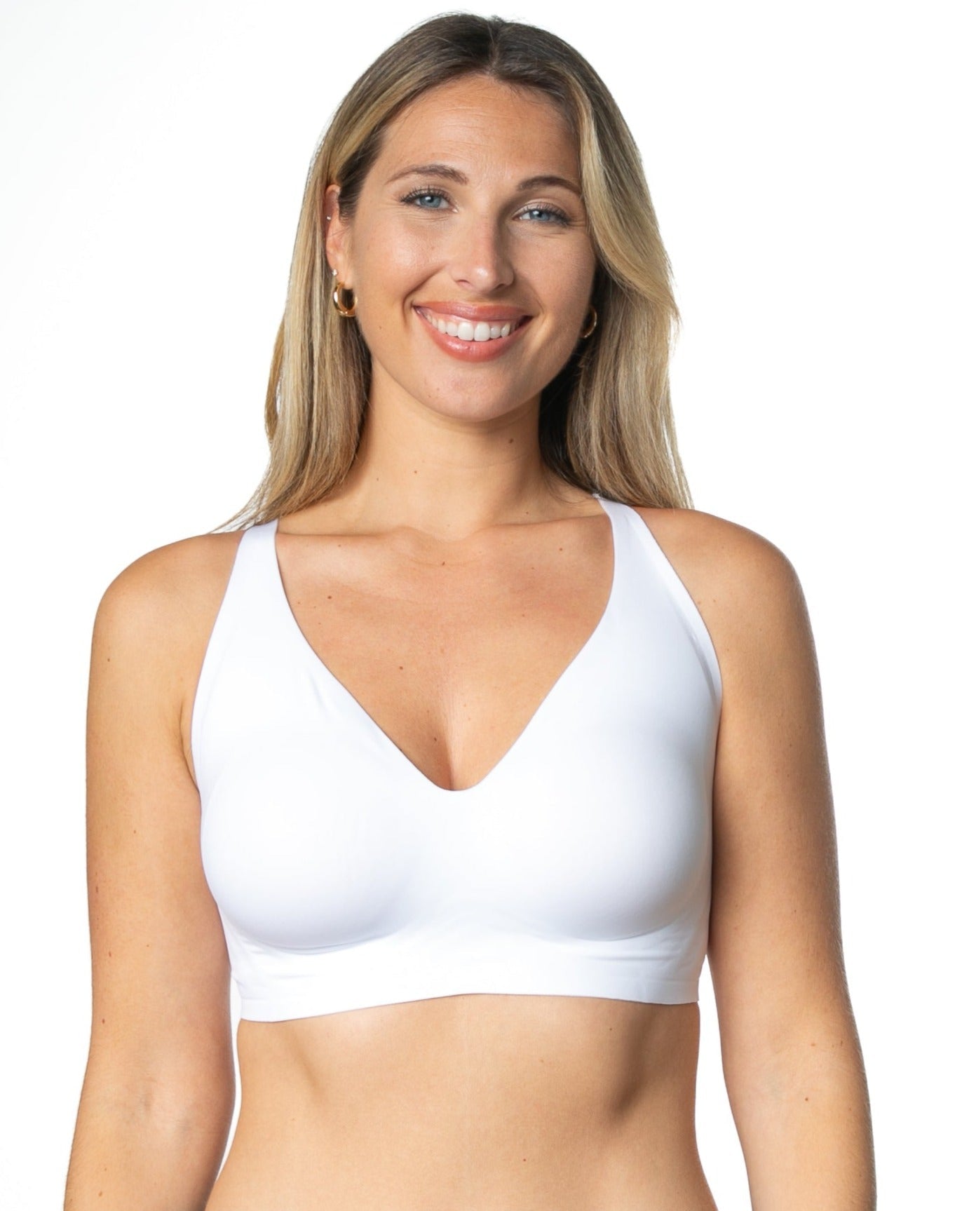 White Gel Bra with Back Closure by Rhonda Shear — front view, gel support bra