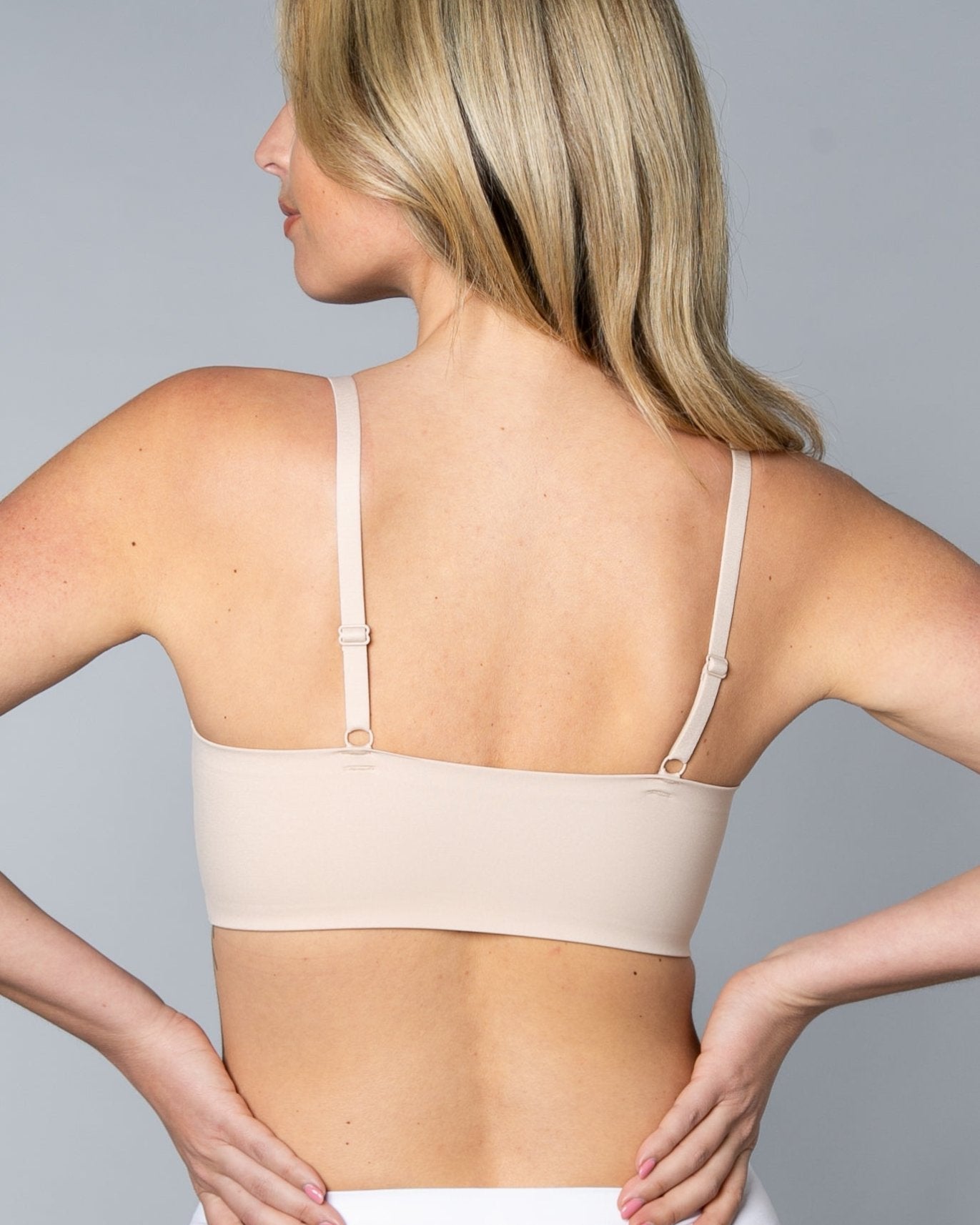 Beige Gel Bra: No Back Closure by Rhonda Shear — alternate view, gel support bra with removable pads