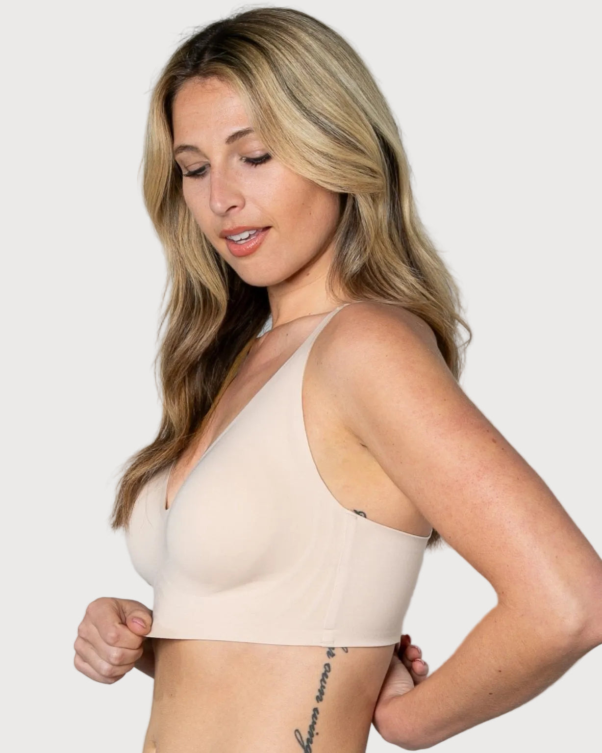 Beige Gel Bra: No Back Closure by Rhonda Shear — alternate view, gel support bra with removable pads