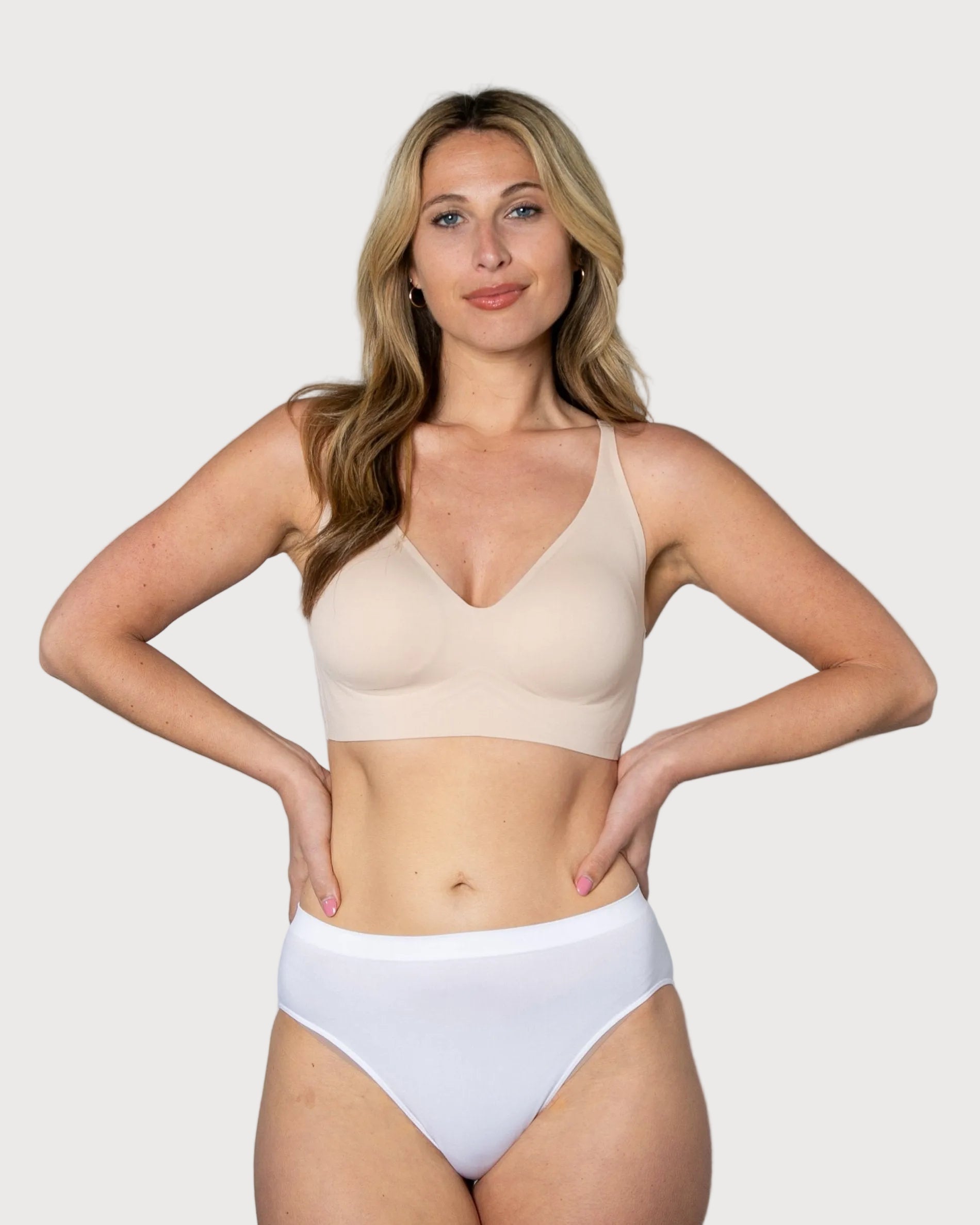 Beige Gel Bra: No Back Closure by Rhonda Shear — alternate view, gel support bra with removable pads