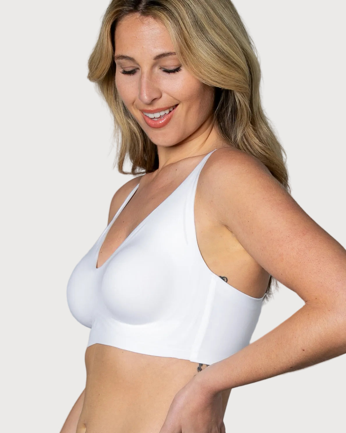White Gel Bra: No Back Closure by Rhonda Shear — alternate view, gel support bra with removable pads