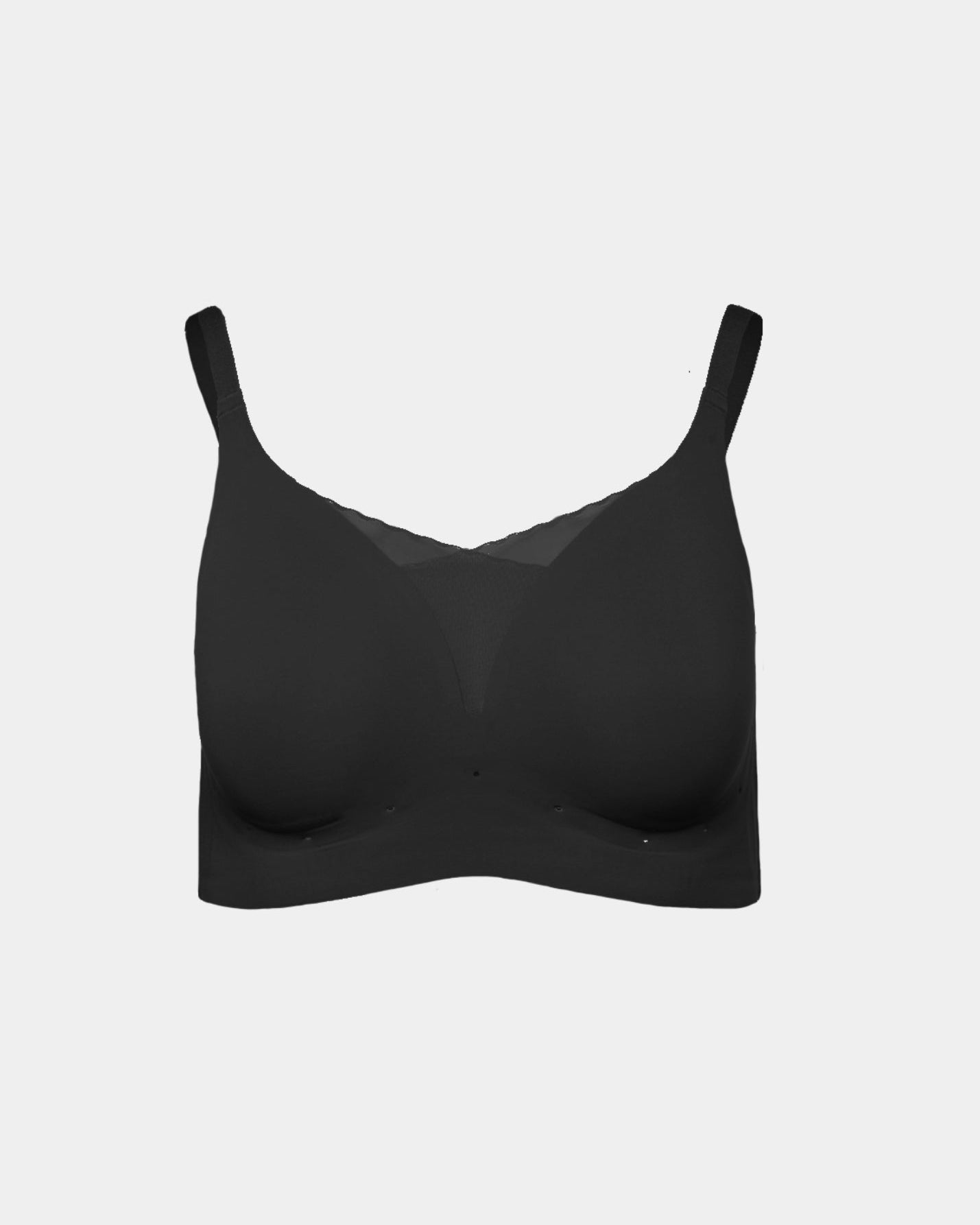 Black Perforated Gel Bra with Mesh Detail by Rhonda Shear — flat lay, gel support bra