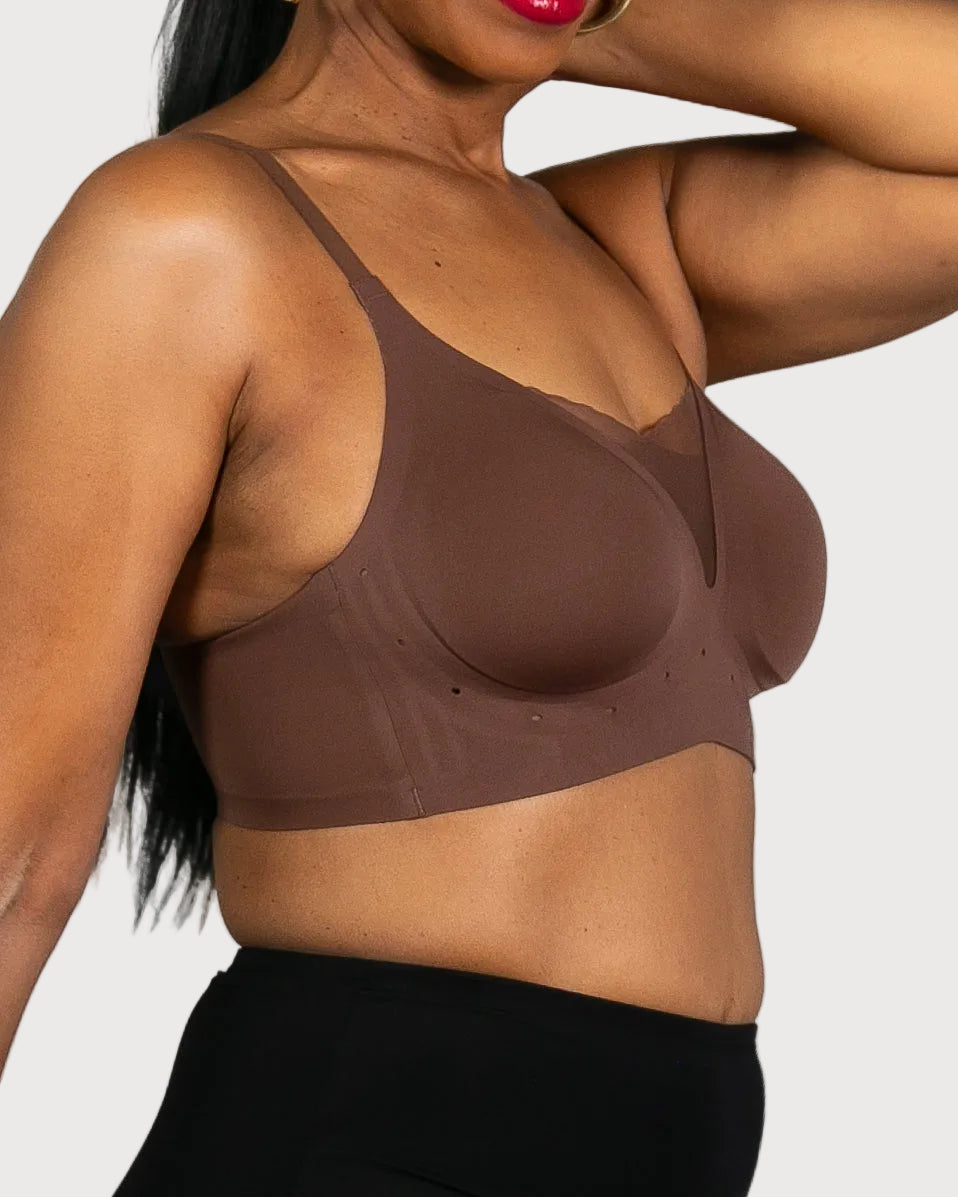 Espresso Perforated Gel Bra with Mesh Detail by Rhonda Shear — alternate view, gel support bra