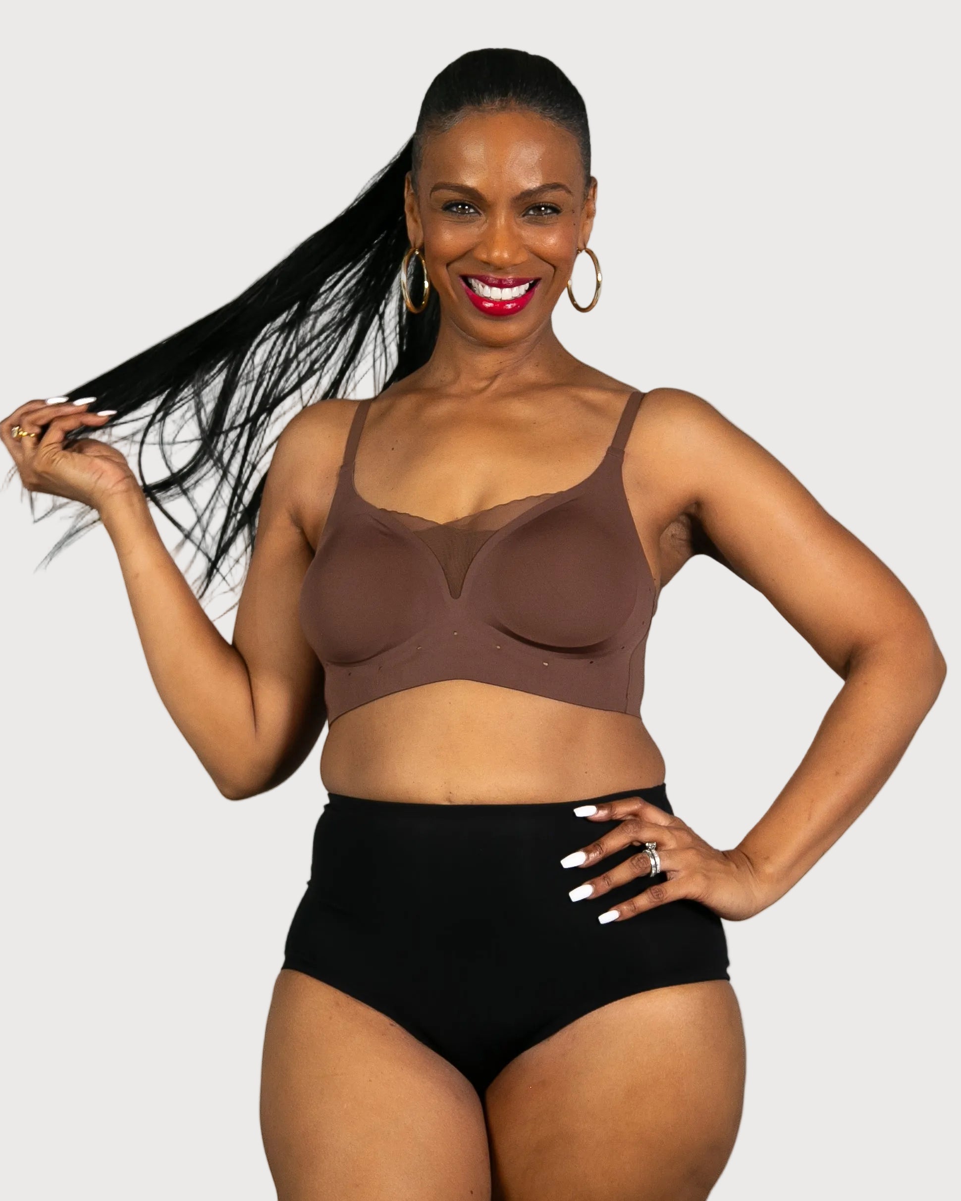 Espresso Perforated Gel Bra with Mesh Detail by Rhonda Shear — alternate view, gel support bra