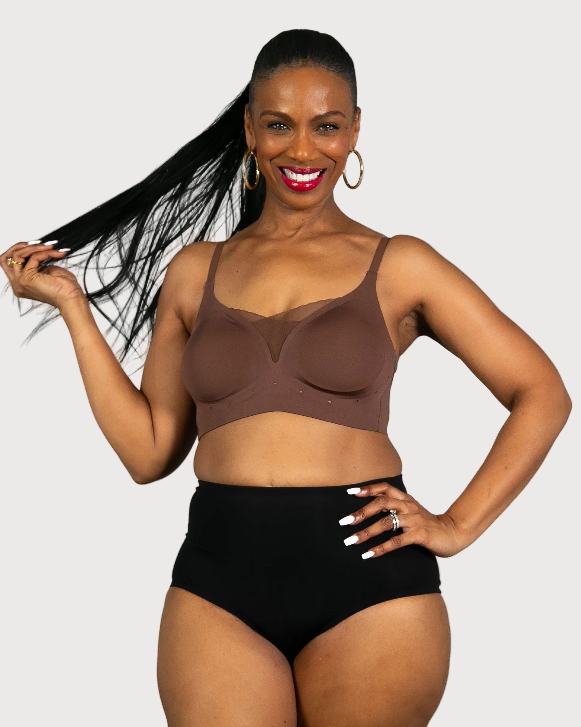 Espresso Perforated Gel Bra with Mesh Detail by Rhonda Shear — alternate view, gel support bra