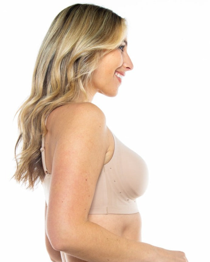 Beige Perforated Gel Bra with Mesh Detail by Rhonda Shear — side view, gel support bra