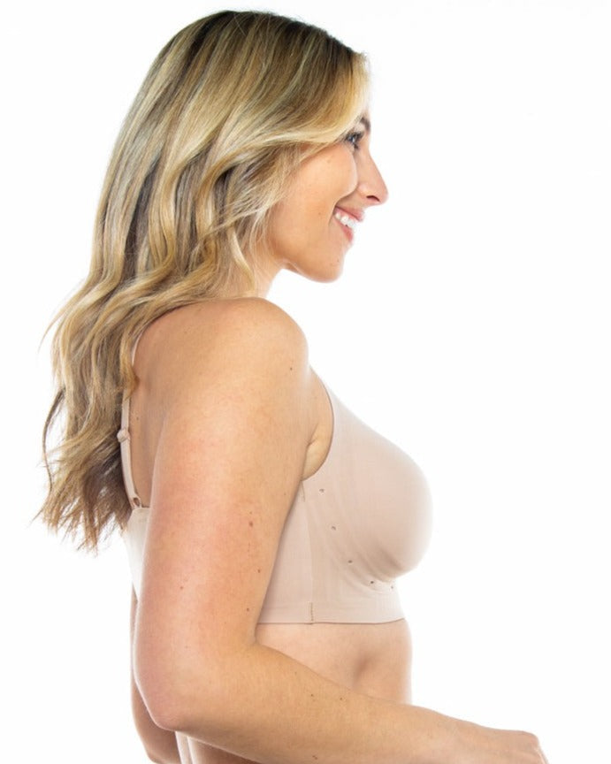 Beige Perforated Gel Bra with Mesh Detail by Rhonda Shear — side view, gel support bra
