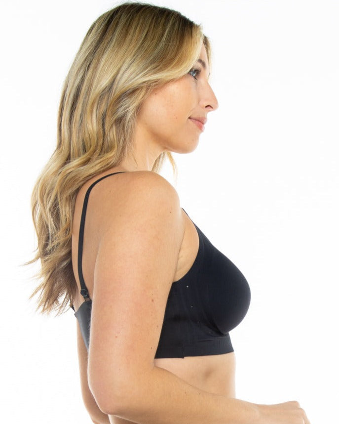 Black Perforated Gel Bra with Mesh Detail by Rhonda Shear — side view, gel support bra