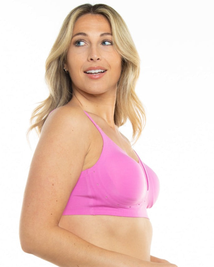 Magenta Perforated Gel Bra with Mesh Detail by Rhonda Shear — side view, gel support bra