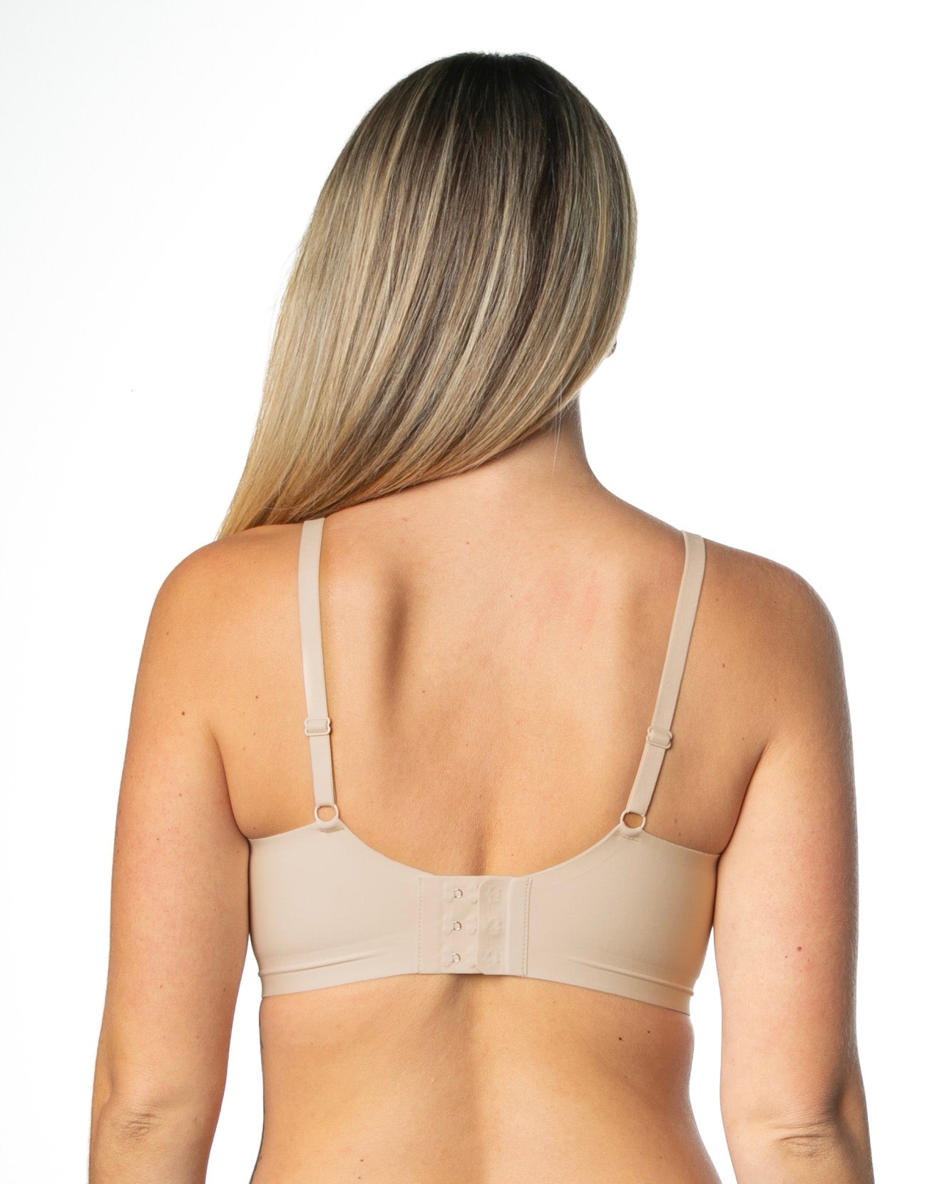 Beige Back Closure Invisible Edge Bra by Rhonda Shear — back view, wire-free bra