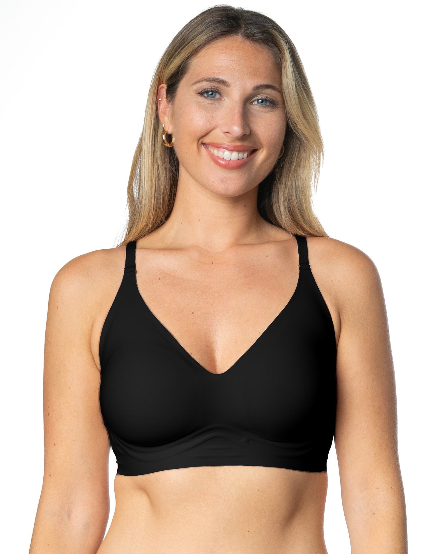Black Back Closure Invisible Edge Bra by Rhonda Shear — front view, wire-free bra