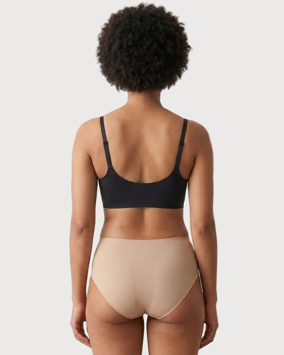 Back view of a woman wearing a black Scalloped Gel Bra against a plain background