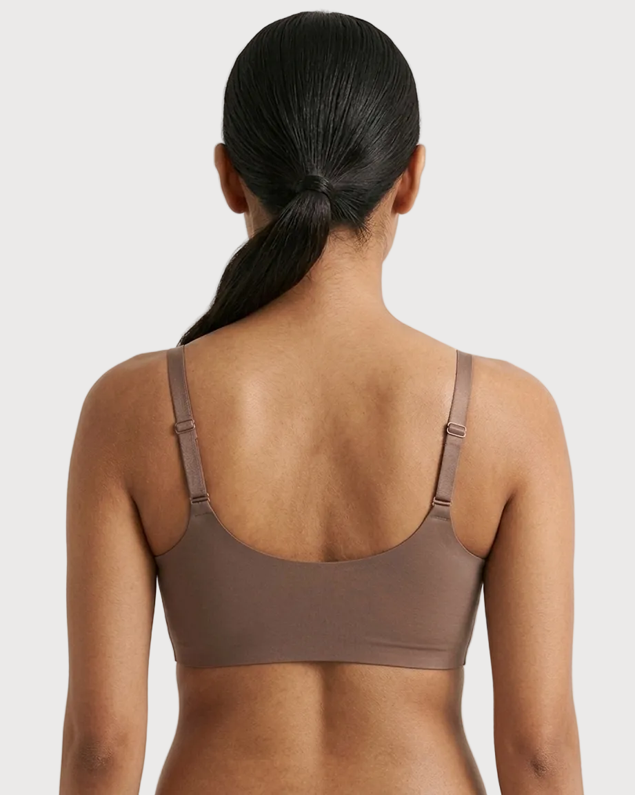 Back view of a woman wearing a brown Scalloped Gel Bra against a plain background