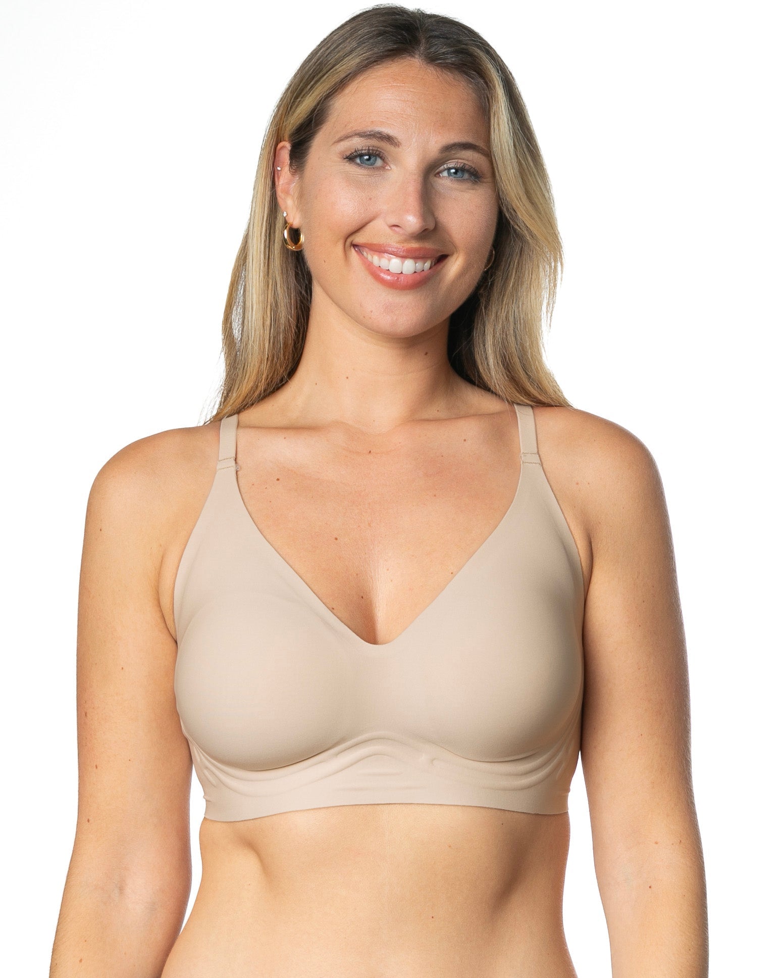 Beige Back Closure Invisible Edge Bra by Rhonda Shear — front view, wire-free bra