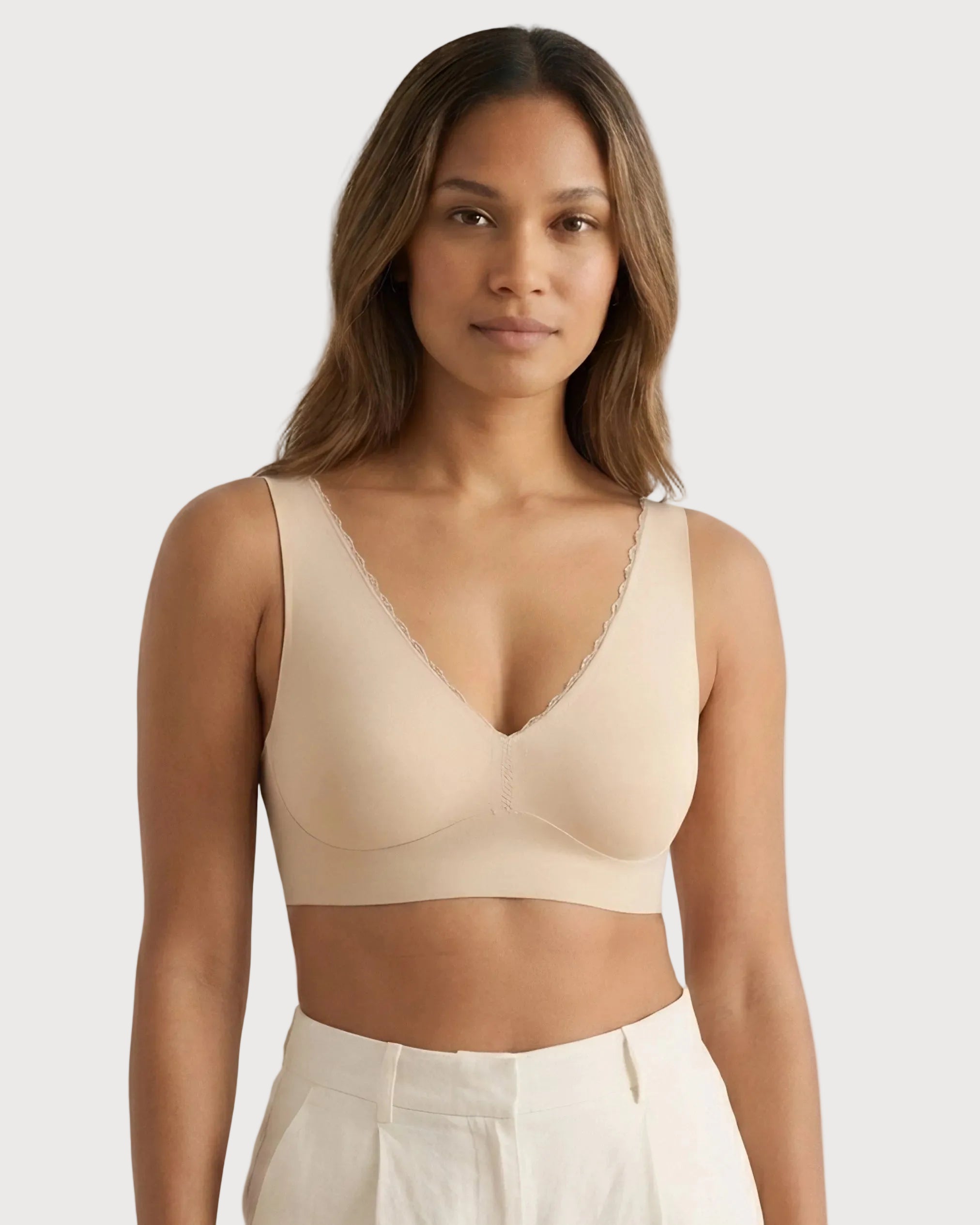 Beige Invisible Edge Deep Plunge Bra by Rhonda Shear — lace V-neck plunge bra