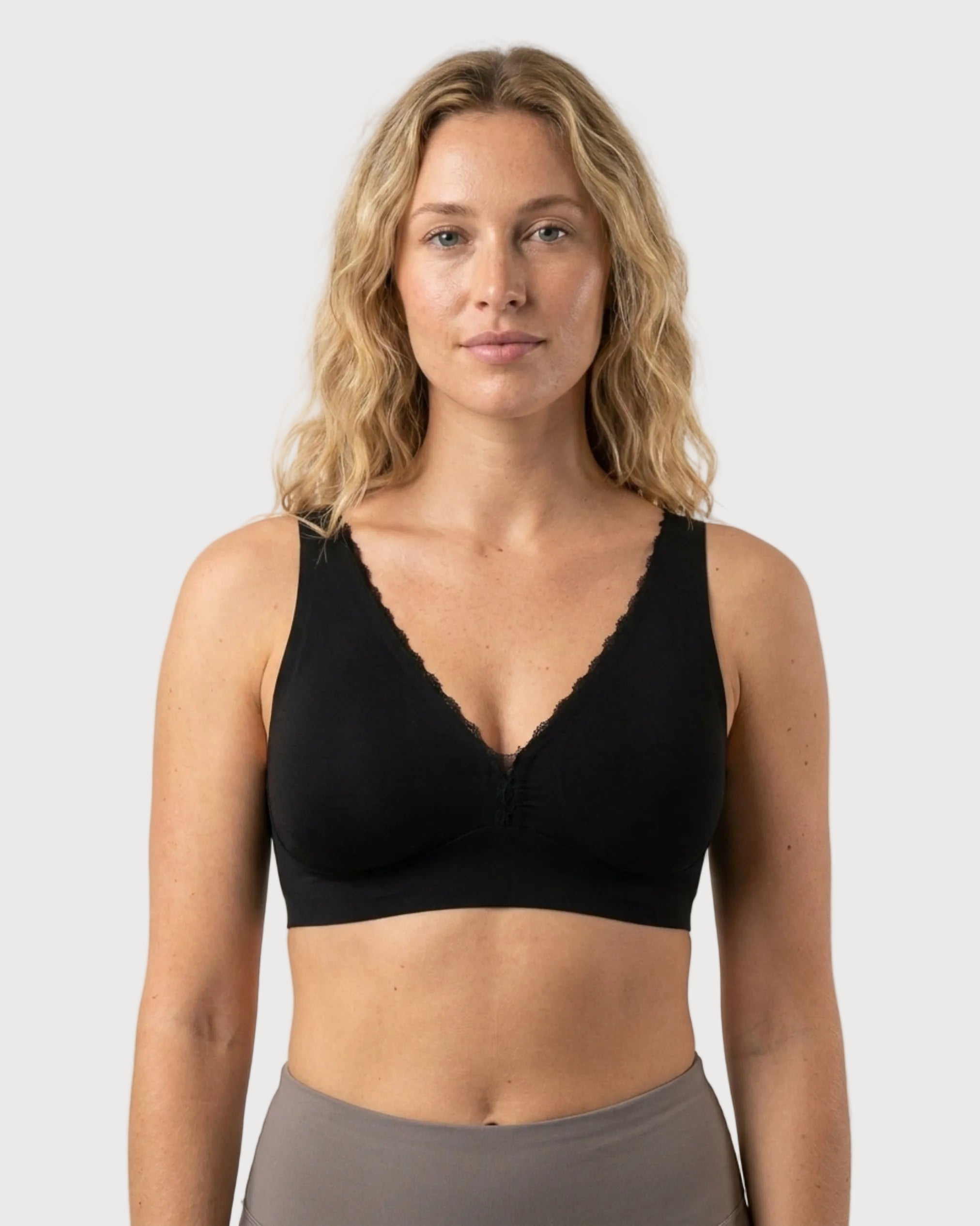 Black Invisible Edge Deep Plunge Bra by Rhonda Shear — lace V-neck plunge bra