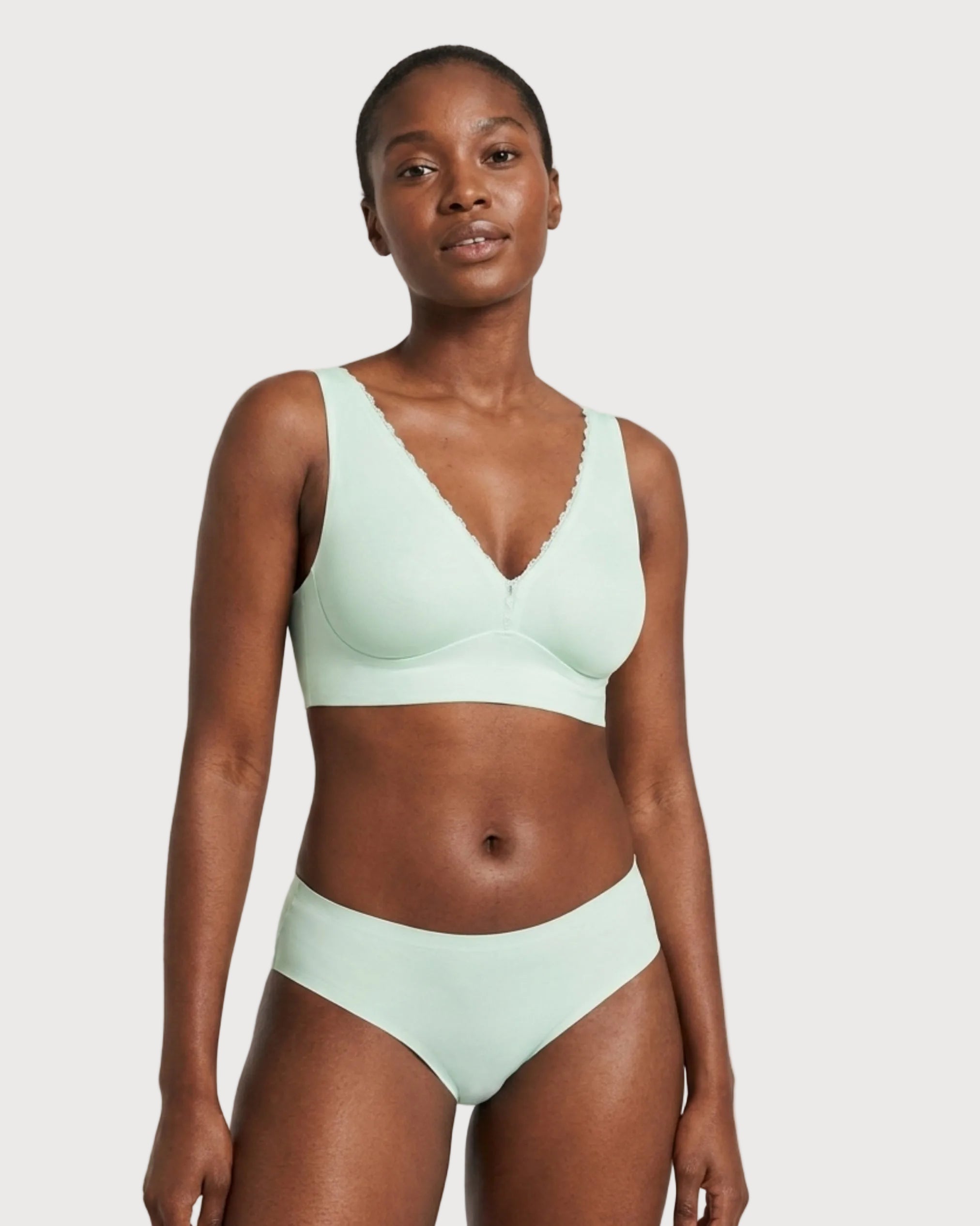 Sage Invisible Edge Deep Plunge Bra by Rhonda Shear — lace V-neck plunge bra