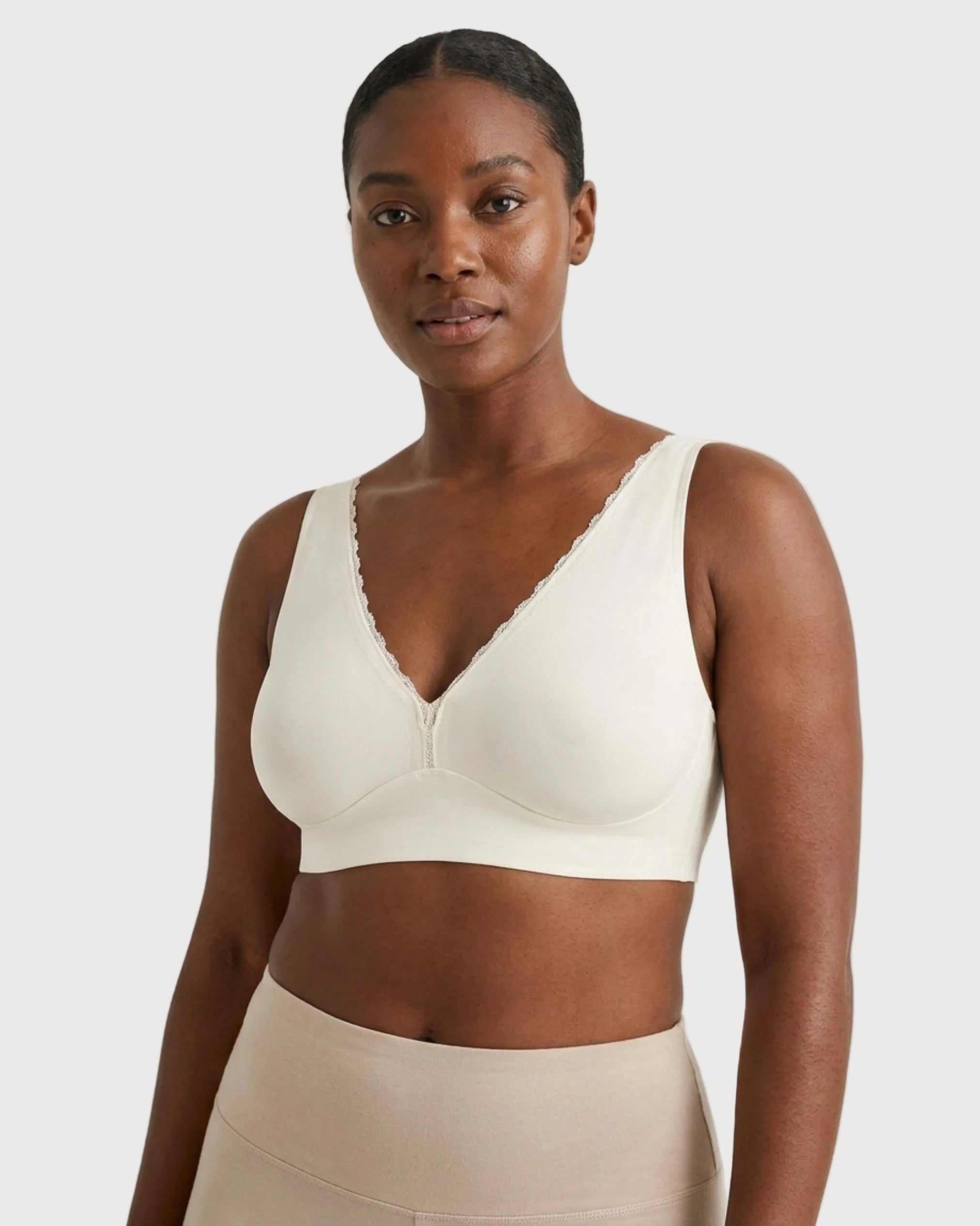 White Invisible Edge Deep Plunge Bra by Rhonda Shear — lace V-neck plunge bra
