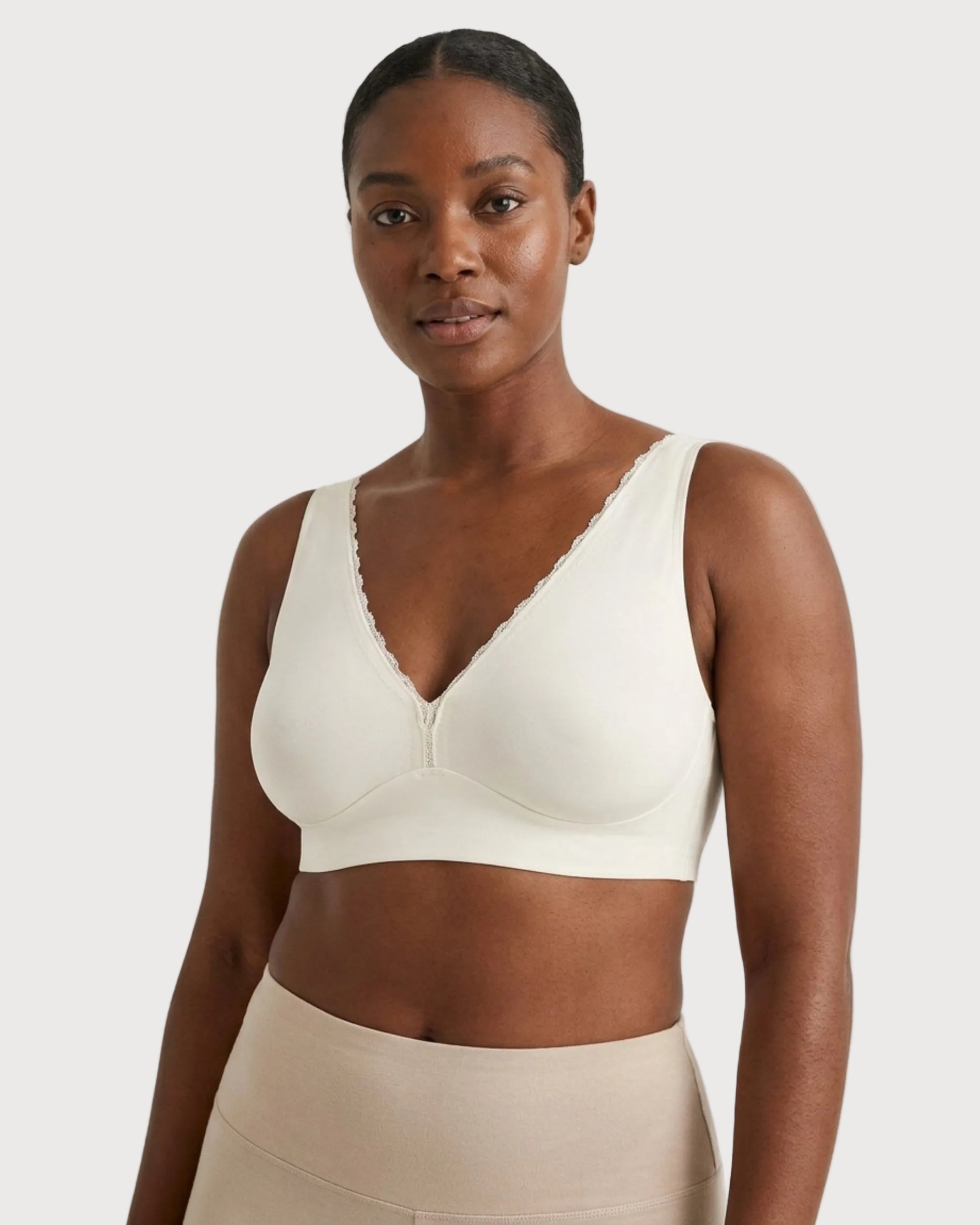 White Invisible Edge Deep Plunge Bra by Rhonda Shear — lace V-neck plunge bra