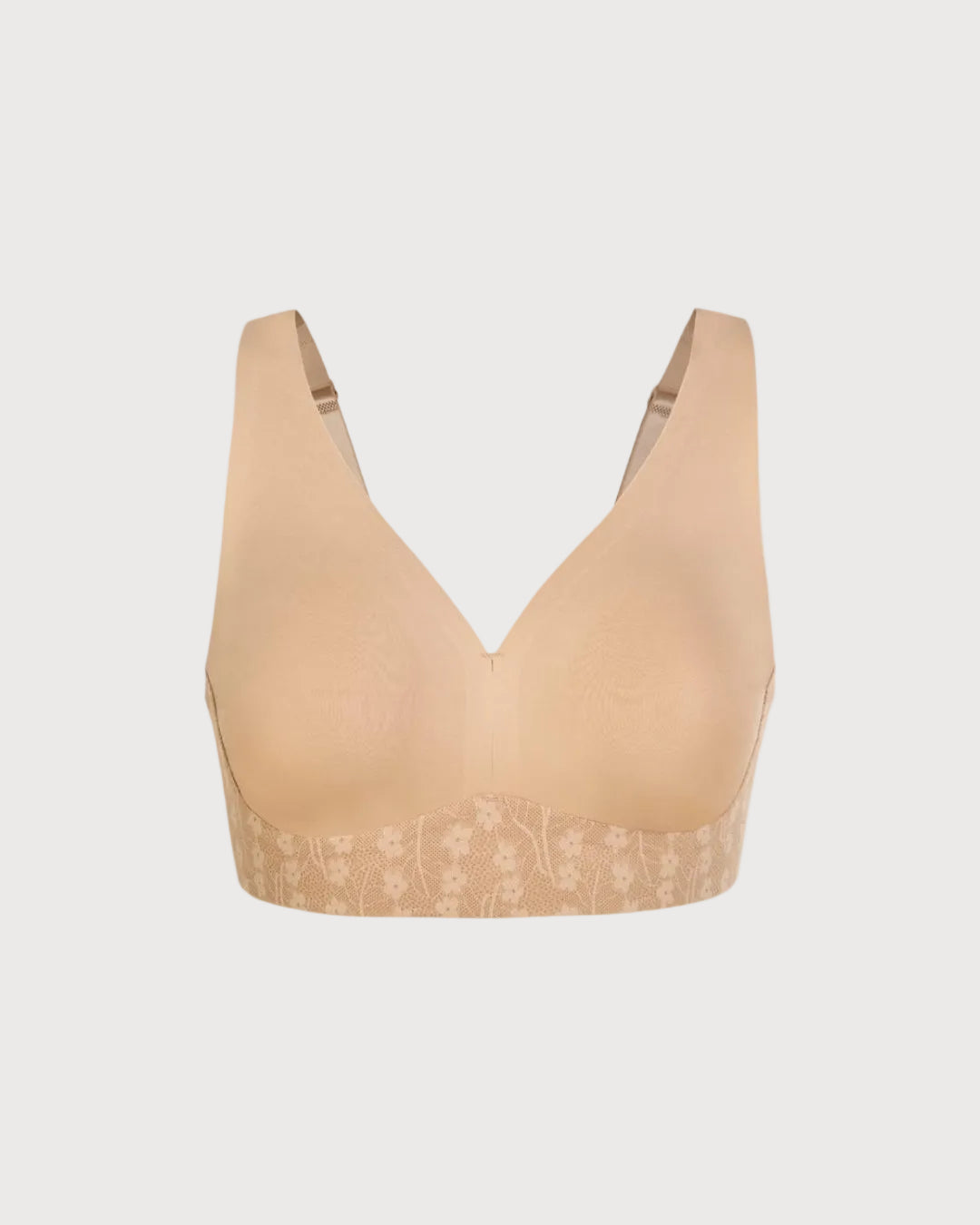 A beige Plunge Bra With Lace and Back Closure, shown against a light gray background.