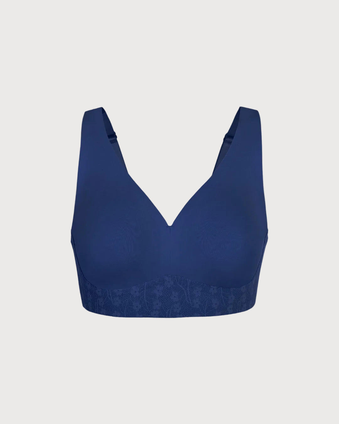 Blue Plunge Bra With Lace and Back Closure on a light gray background