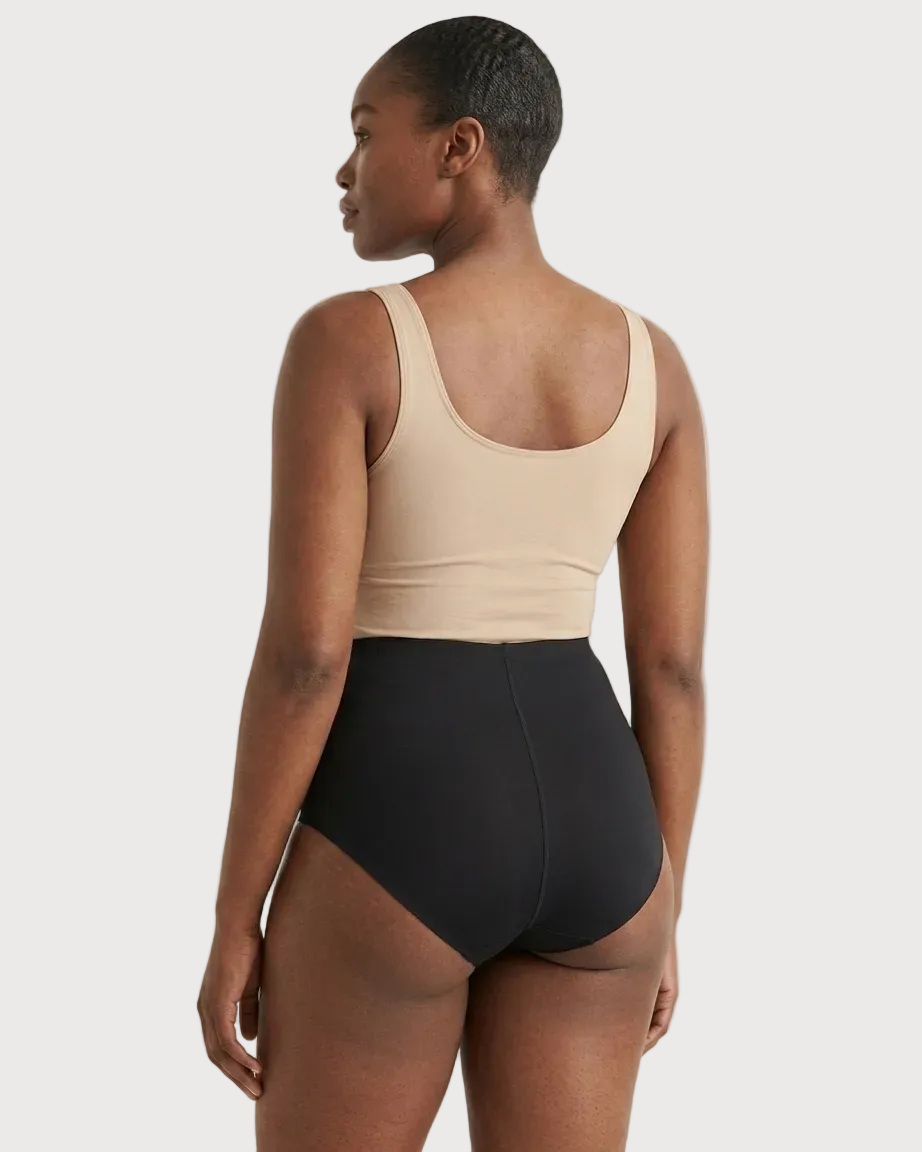 Backside of a woman wearing black Invisible Edge Scalloped Briefs against a plain background