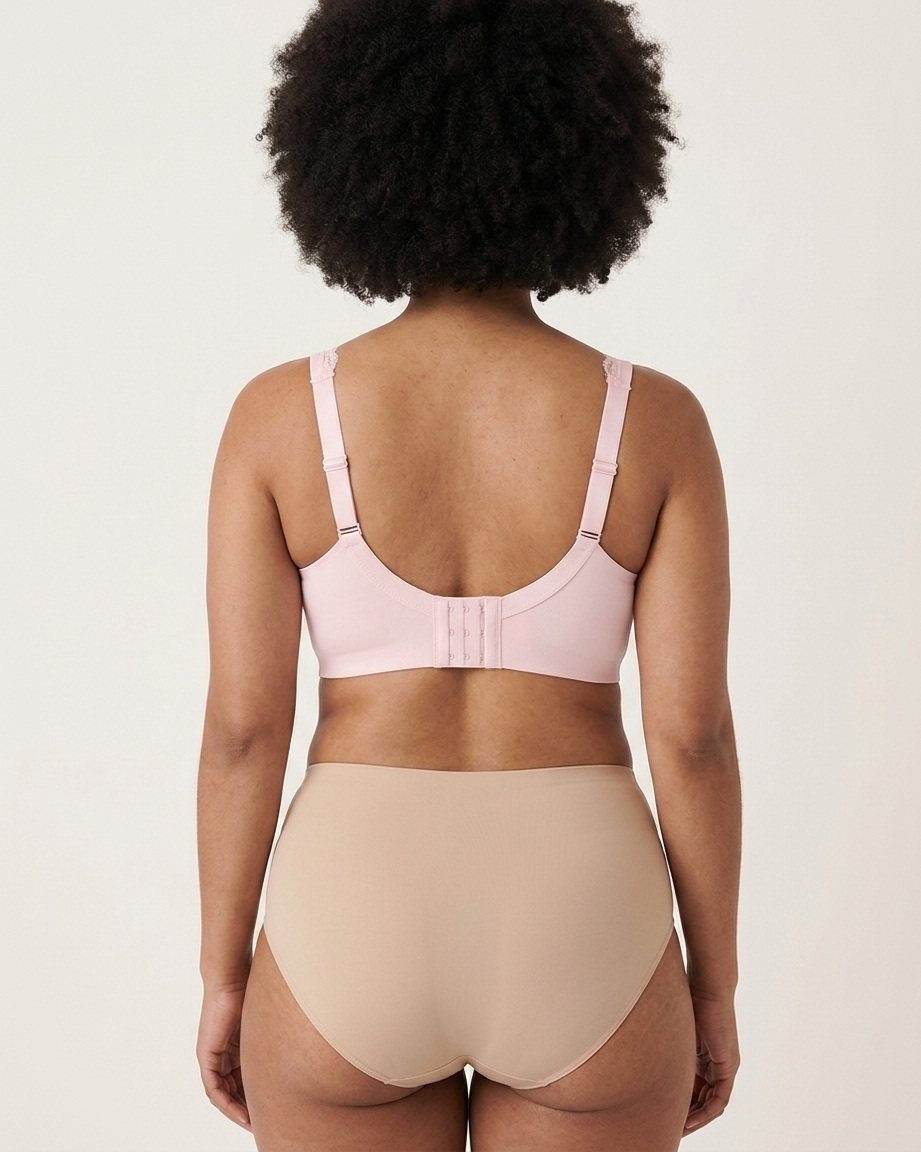 Back view of a woman wearing a pink Gel Bra with Lace Detail and Back Closure bra against a gray background