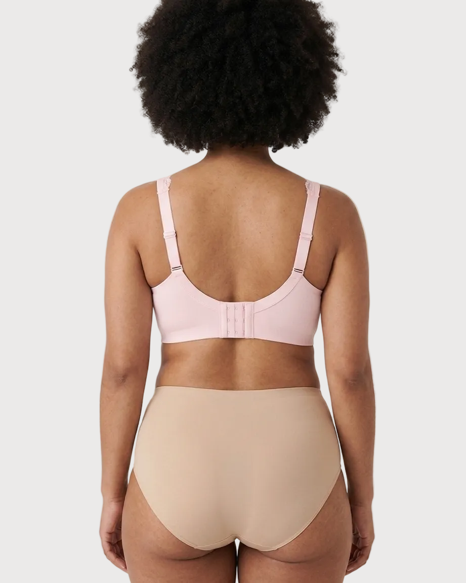 Back view of a woman wearing a pink Gel Bra with Lace Detail and Back Closure bra against a gray background