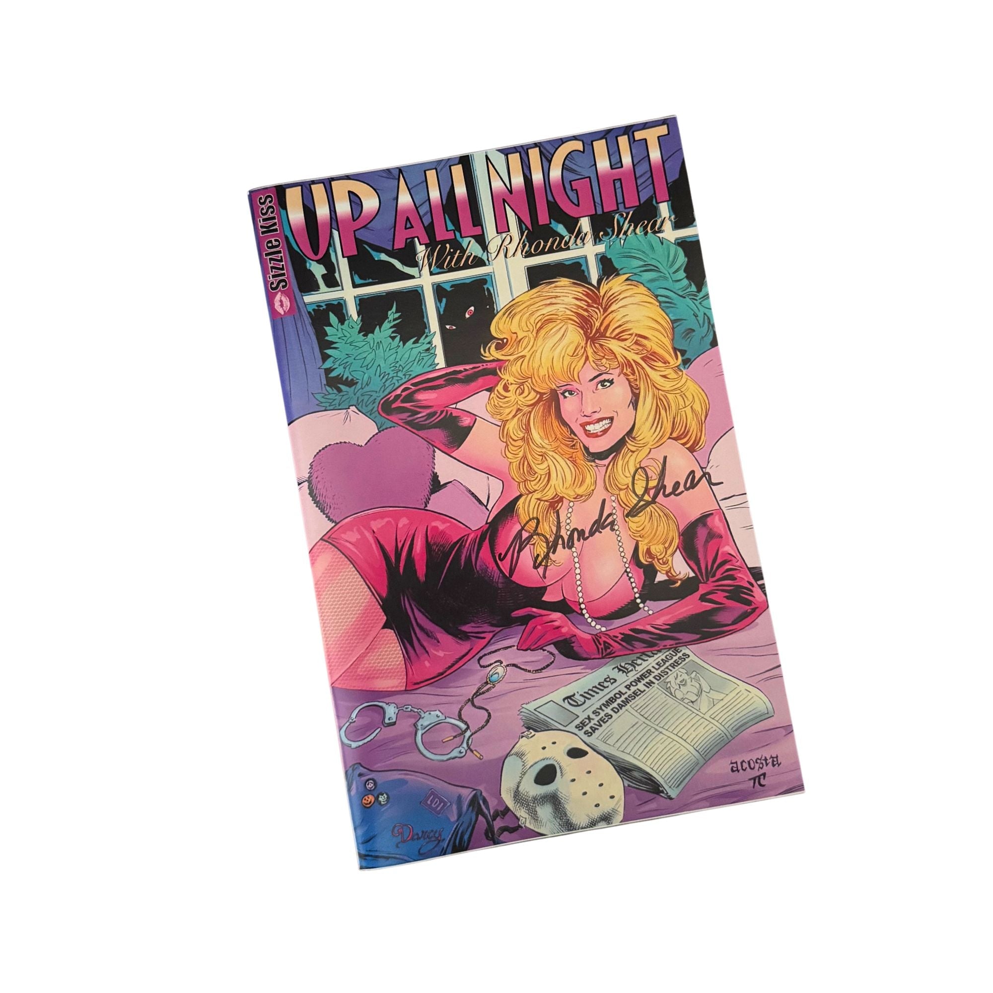 Comic book cover titled 'Up All Night' with Rhonda Shear as a cartoon character, autographed