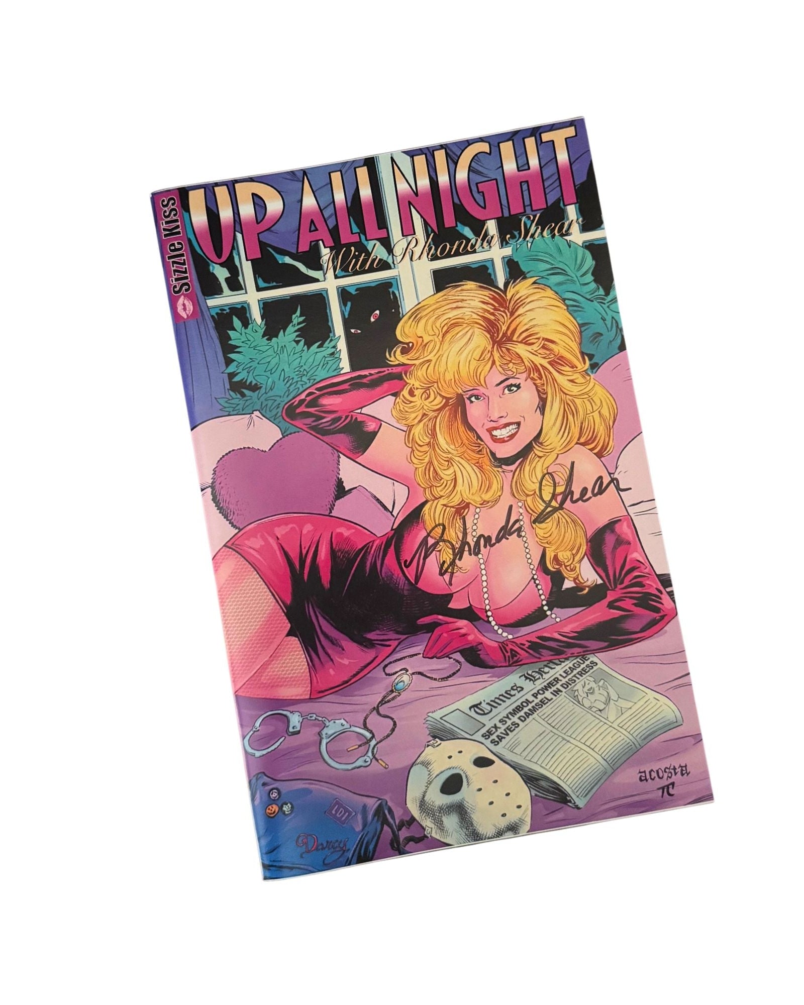 Comic book cover titled 'Up All Night' with Rhonda Shear as a cartoon character, autographed