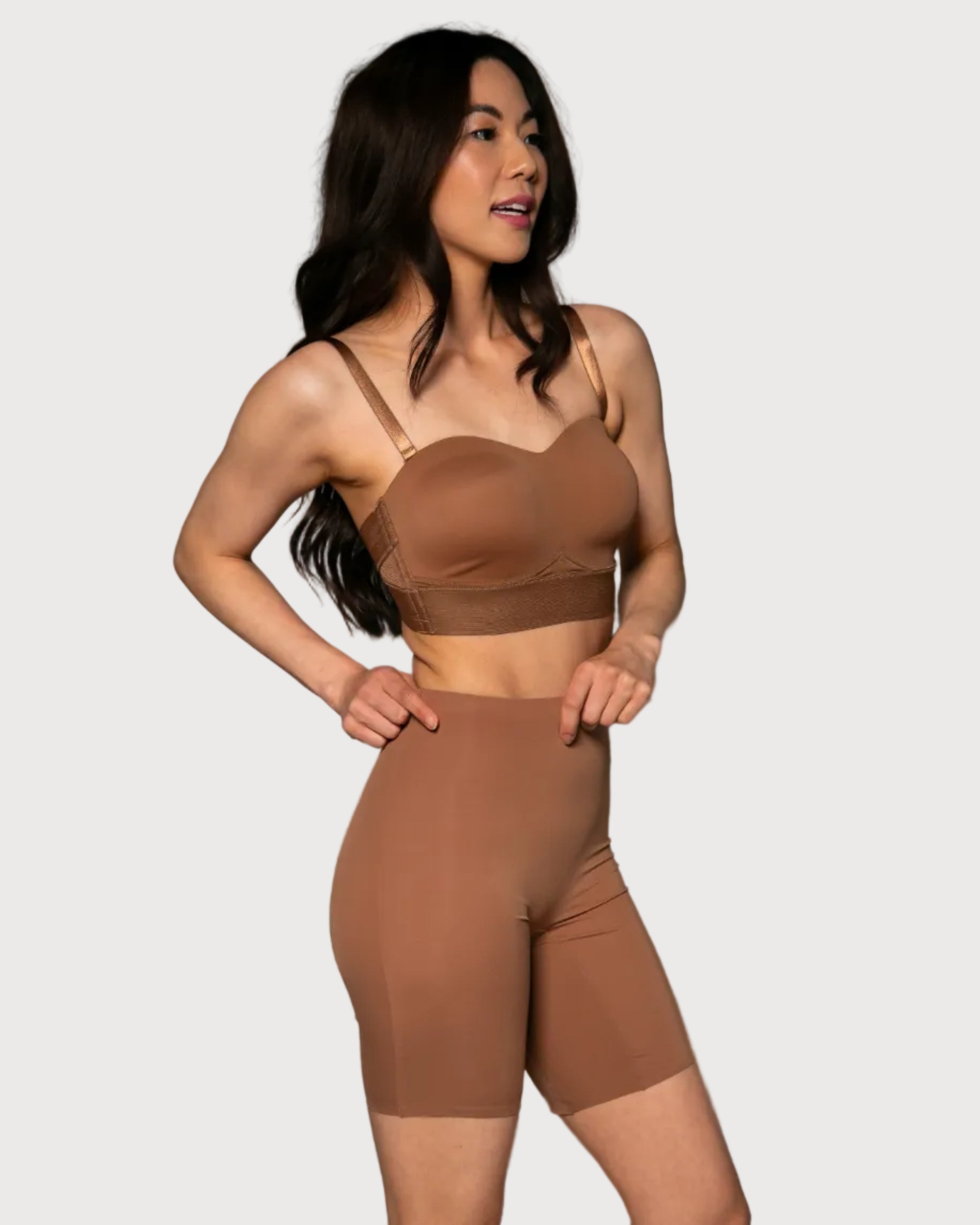 Mahogany Stretch Butterknit Longline Short by Rhonda Shear — high-waist anti-chafing biker short, front view