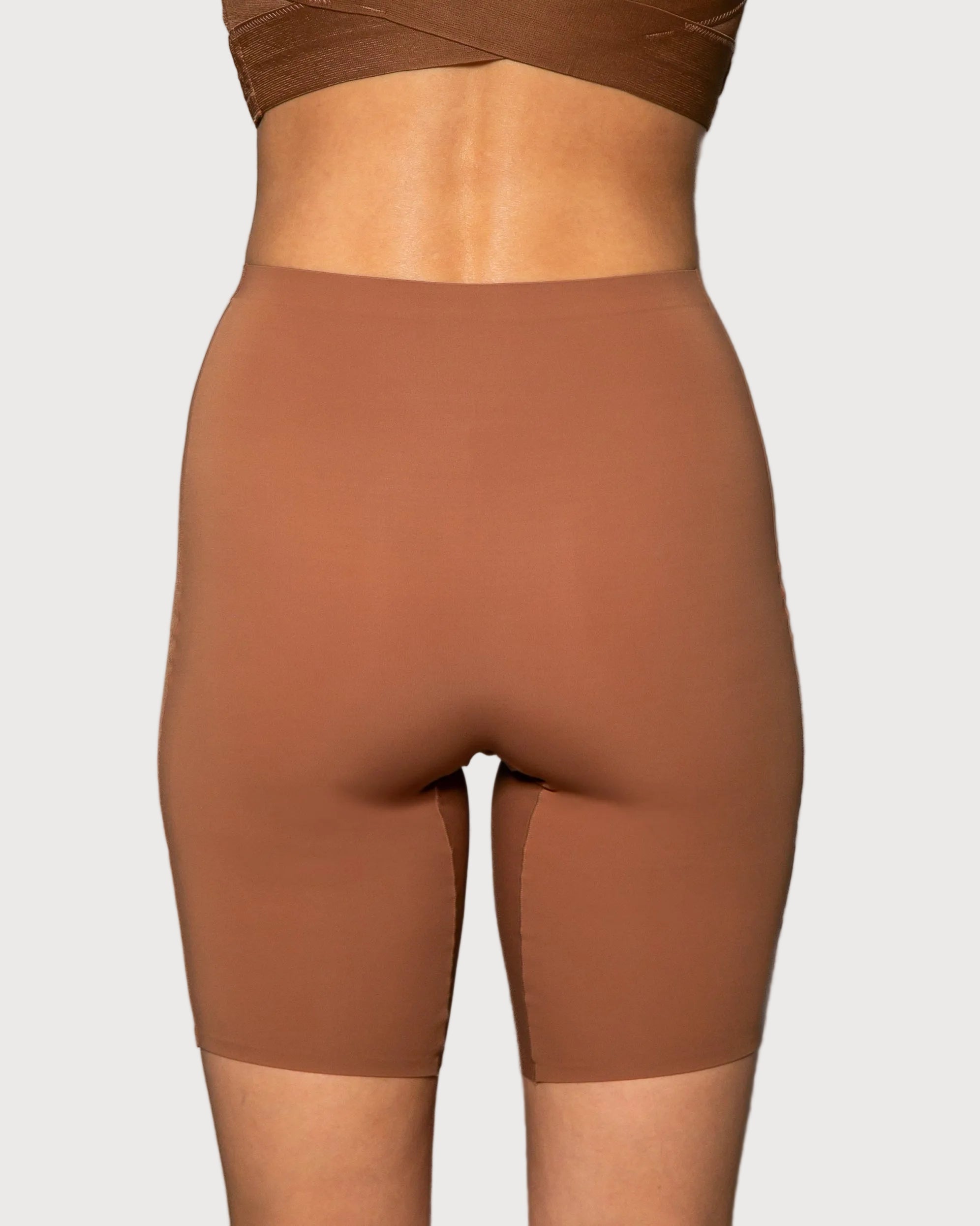 Mahogany Stretch Butterknit Longline Short by Rhonda Shear — high-waist biker short, back view