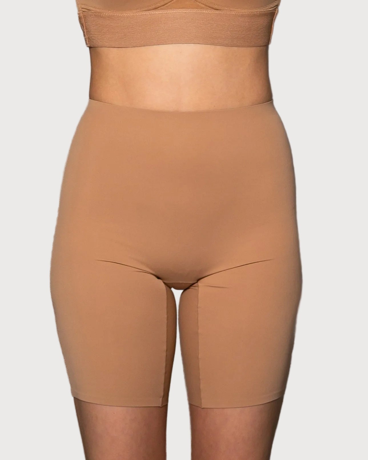 Sienna Stretch Butterknit Longline Short by Rhonda Shear — high-waist biker short, front view