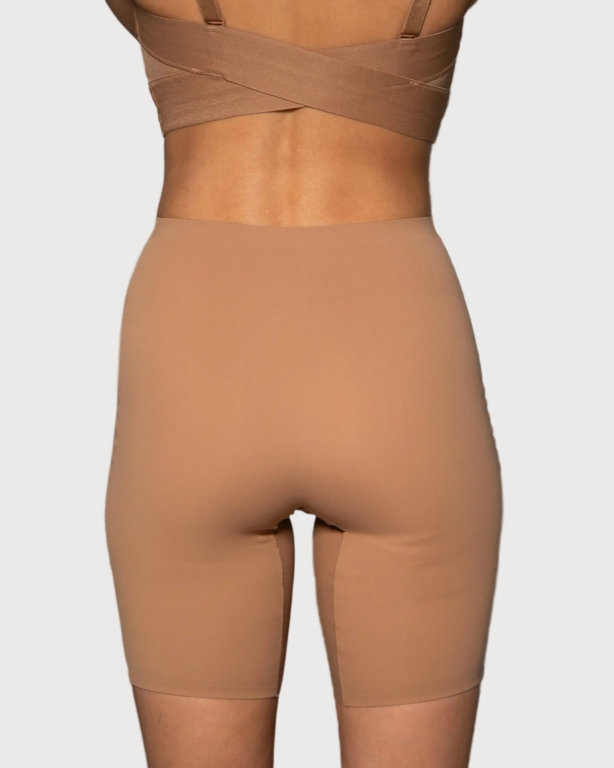 Sienna Stretch Butterknit Longline Short by Rhonda Shear — high-waist biker short, back view